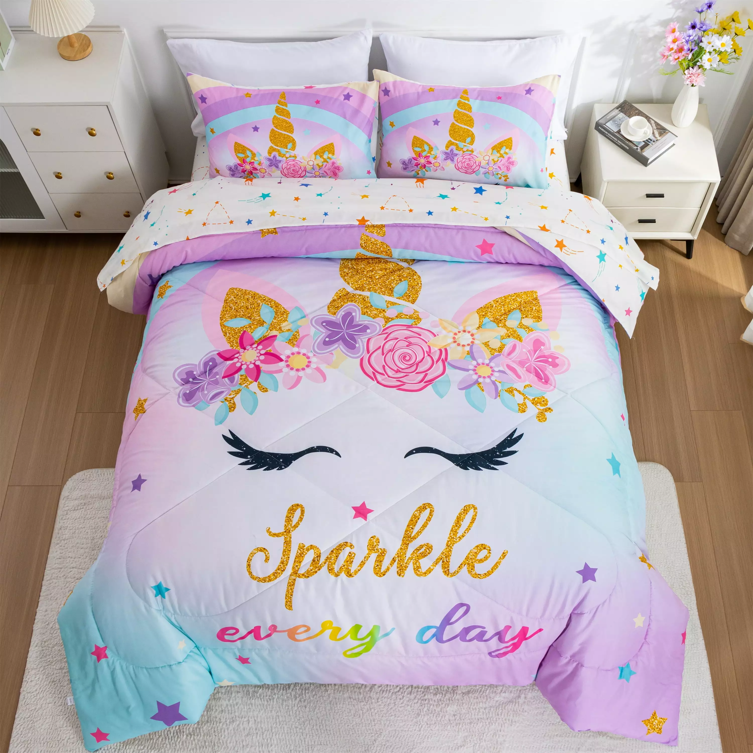 Btargot 5 Piece Unicorn Twin Comforter Set for Girls Kids Teens Purple Flower Rainbow Bedding Set Blue Gold