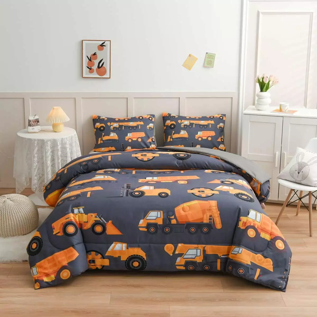 Btargot Gray Construction Truck Excavator Comforter Set Full for Boys Kids Vehicles Car Bedding Set