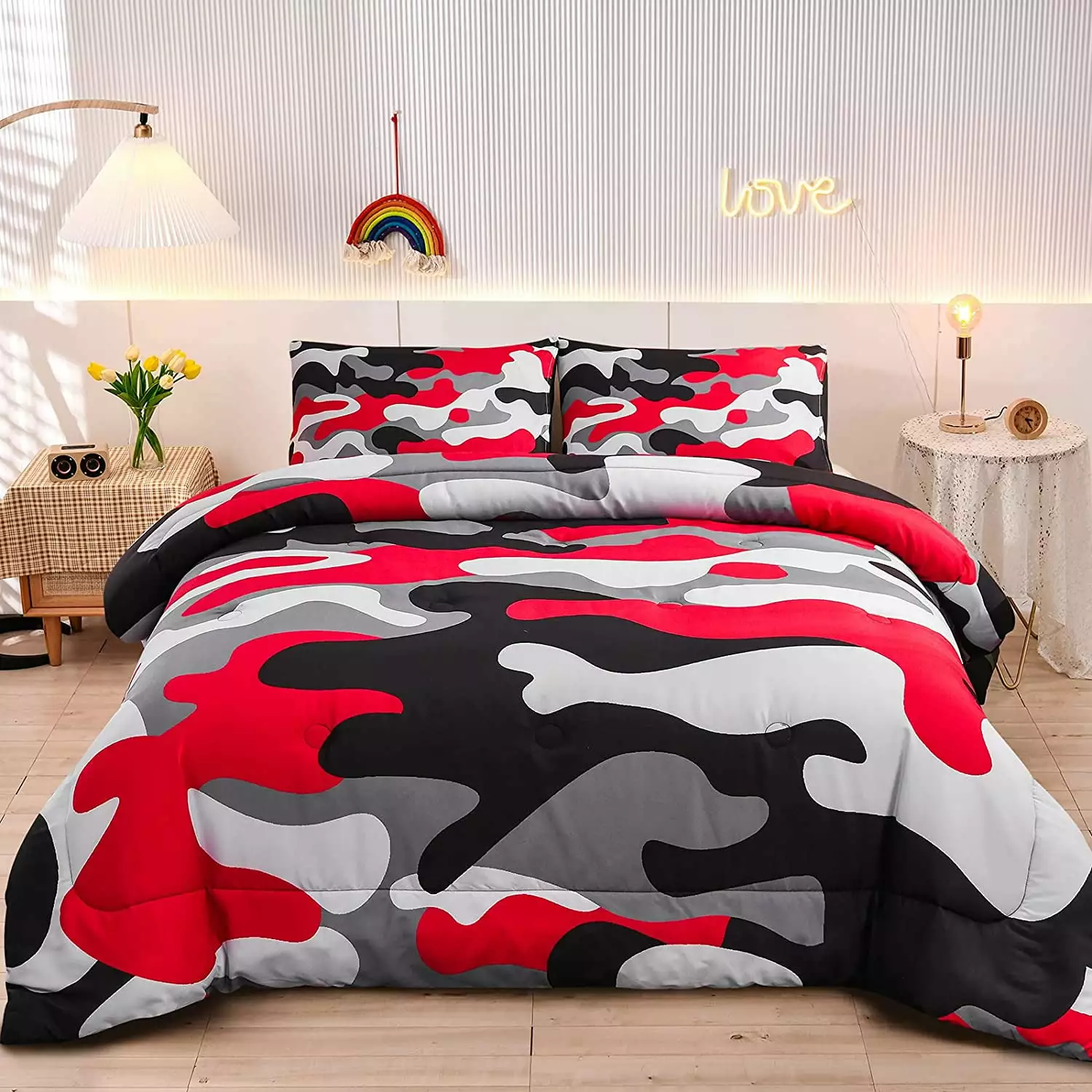 Btargot Mysterious Forest Camouflage Twin Comforter Set for Boys Kids Teens Girls Red Microfiber Bedding Set