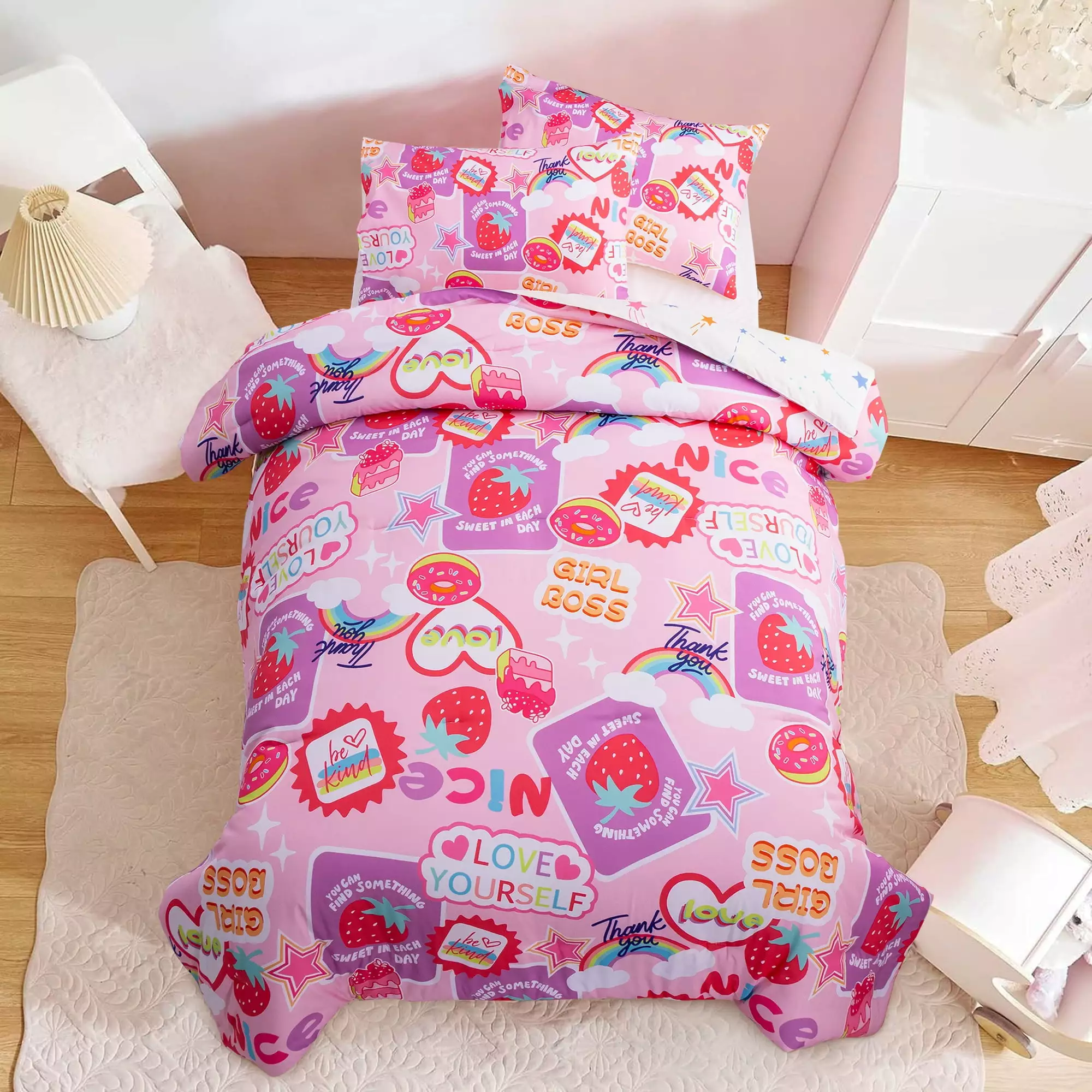 Btargot Pink Strawberry Twin Comforter Set Sweet Rainbow Donut Star Love Bedding Set for Kids Girls