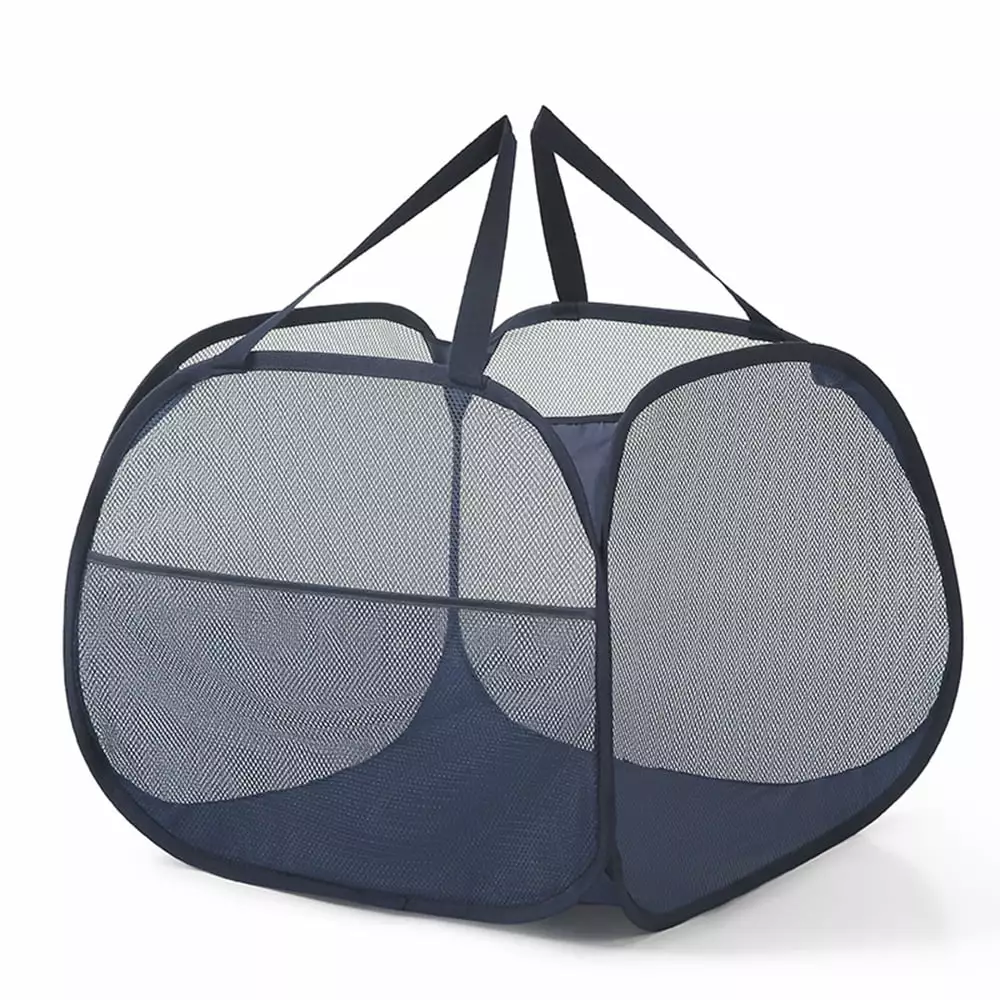 Buenod Mesh Laundry Hamper Collapsible Clothes Basket. 90L. Navy Blue