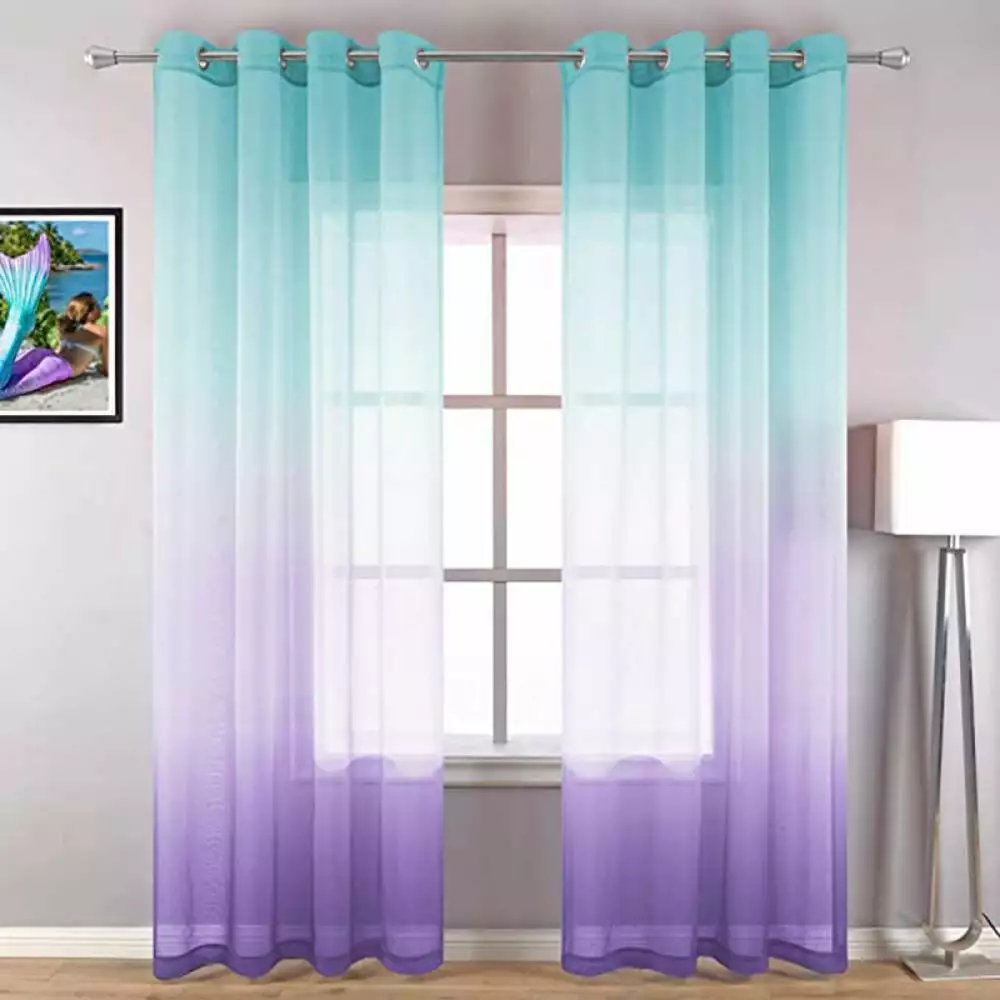 Bullpiano Curtains for Girls Room Decor 1 Panel Set Rod Pocket Window Voile Sheer Drapes Purple Teal Ombre Curtains for Bedroom Girls All Year Decorations Kids Mermaid Nursery 96 Inch Lengt