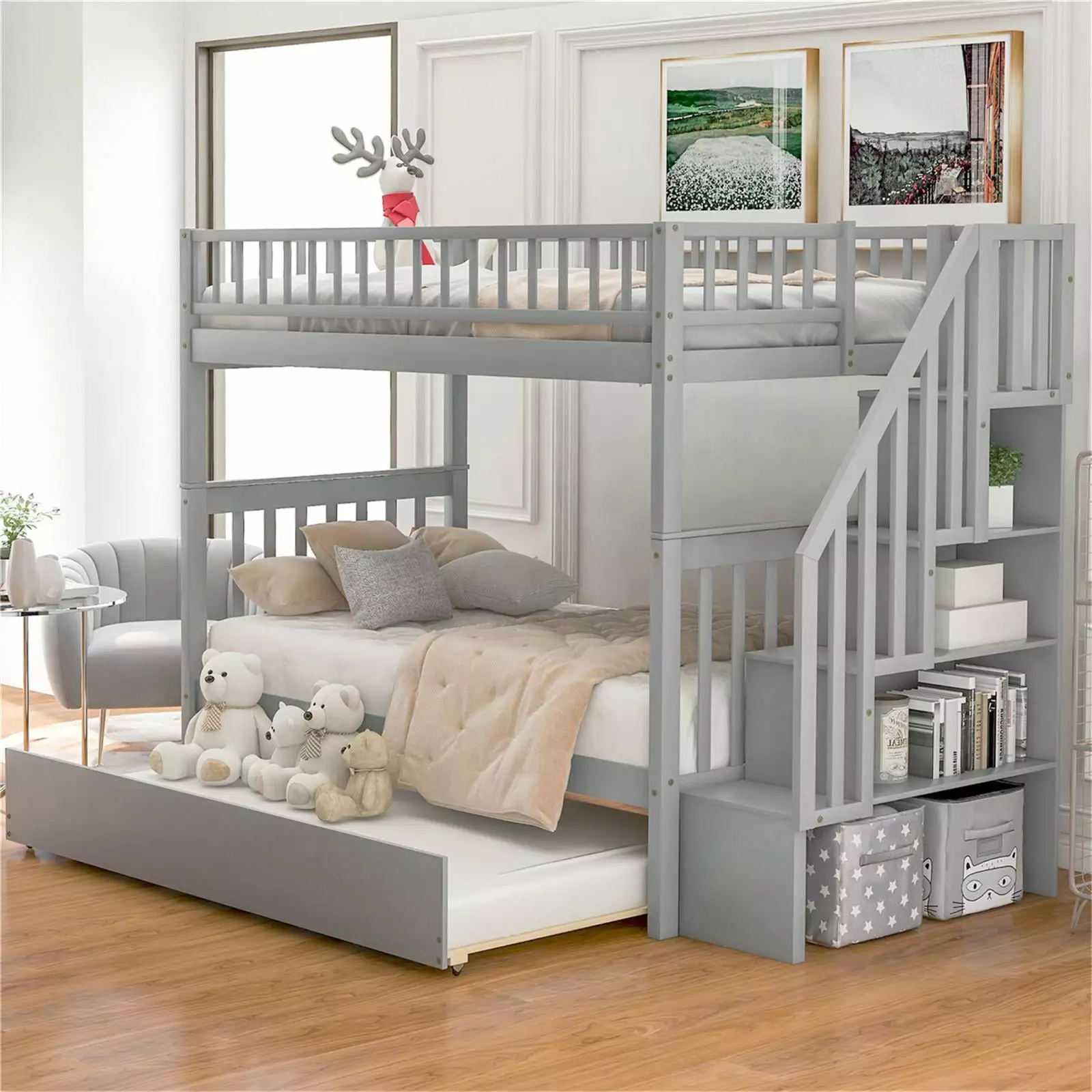 Bunk Bed Twin Over Twin with Trundle and Storage. Pine Wood Triple Bunk Bed with 4 storage shelves. Staircase and Safety Guard Rail. No Box Spring Needed. Furniture for Kids Toddlers Teens. Gray