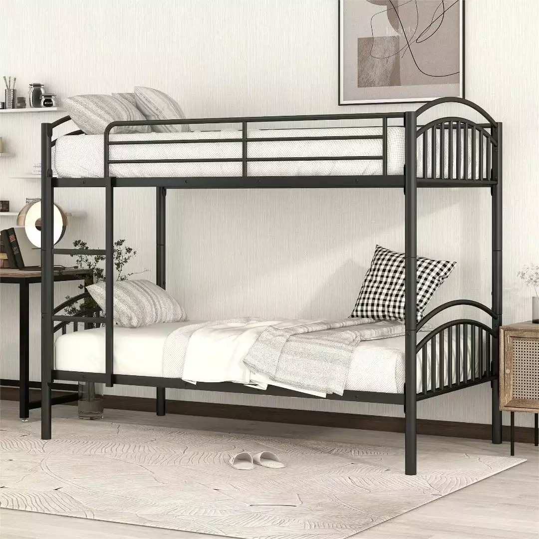 Bunk Bed Twin Over Twin. Heavy Duty Metal Bunk Beds with Guardrail & Ladders. Can be Divided into Two Beds for Kids Teens Adults Dormitory Bedroom. Noise Free. Easy Assemble. Black