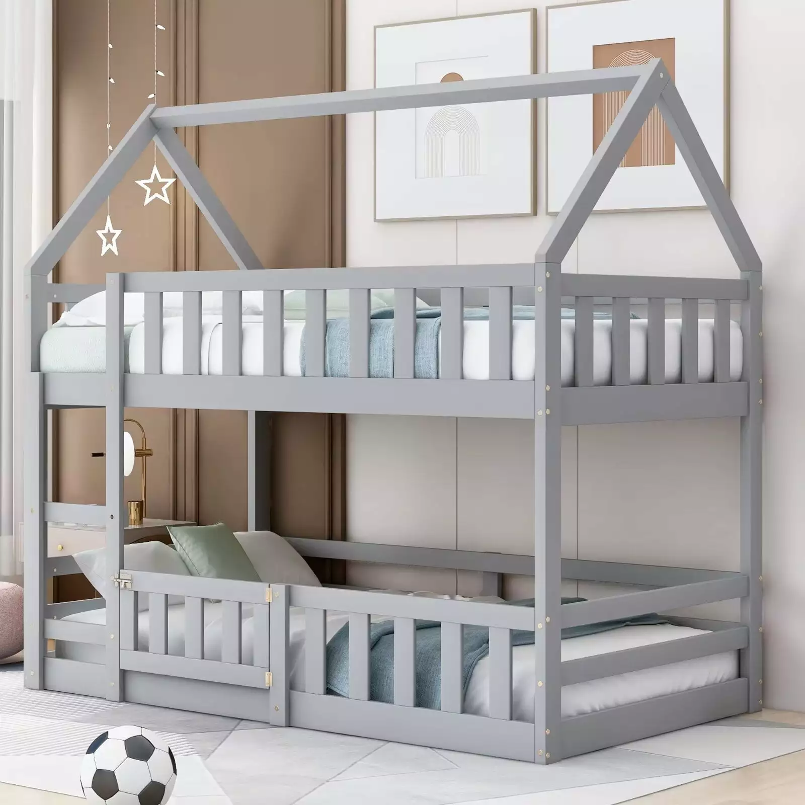 Bunk Bed Twin over Twin Size Wood Bed Frame. House Shaped Floor Bunk Beds with Fence Guardrail and Closeable Door for Kids Boys Girls. Gray