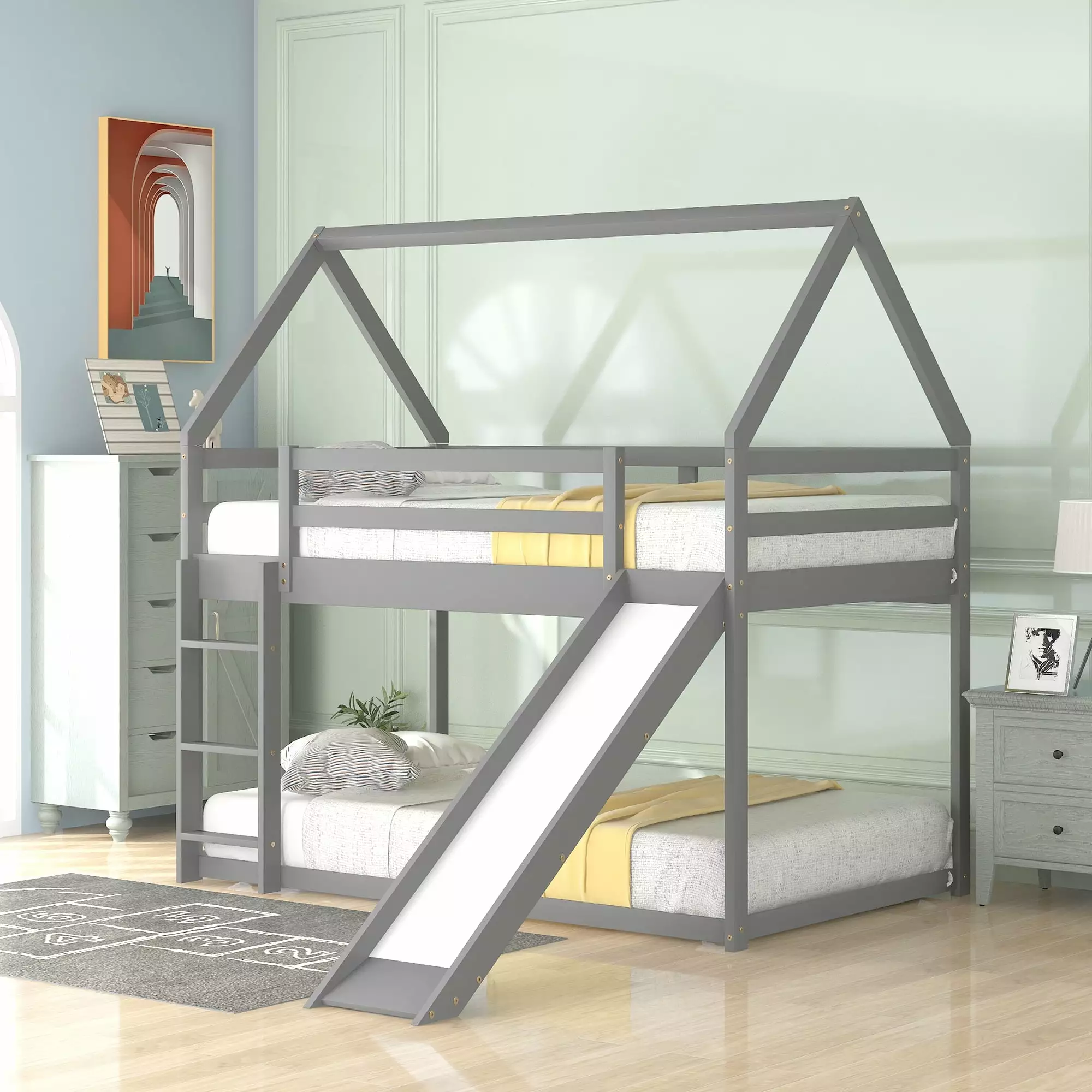 Bunk Bed Twin over Twin Size with Smooth Slide. Wooden House Bunk Beds with Ladder and Safety Guardrail. Twin Loft Bed Frame for Kids Teens. Gray