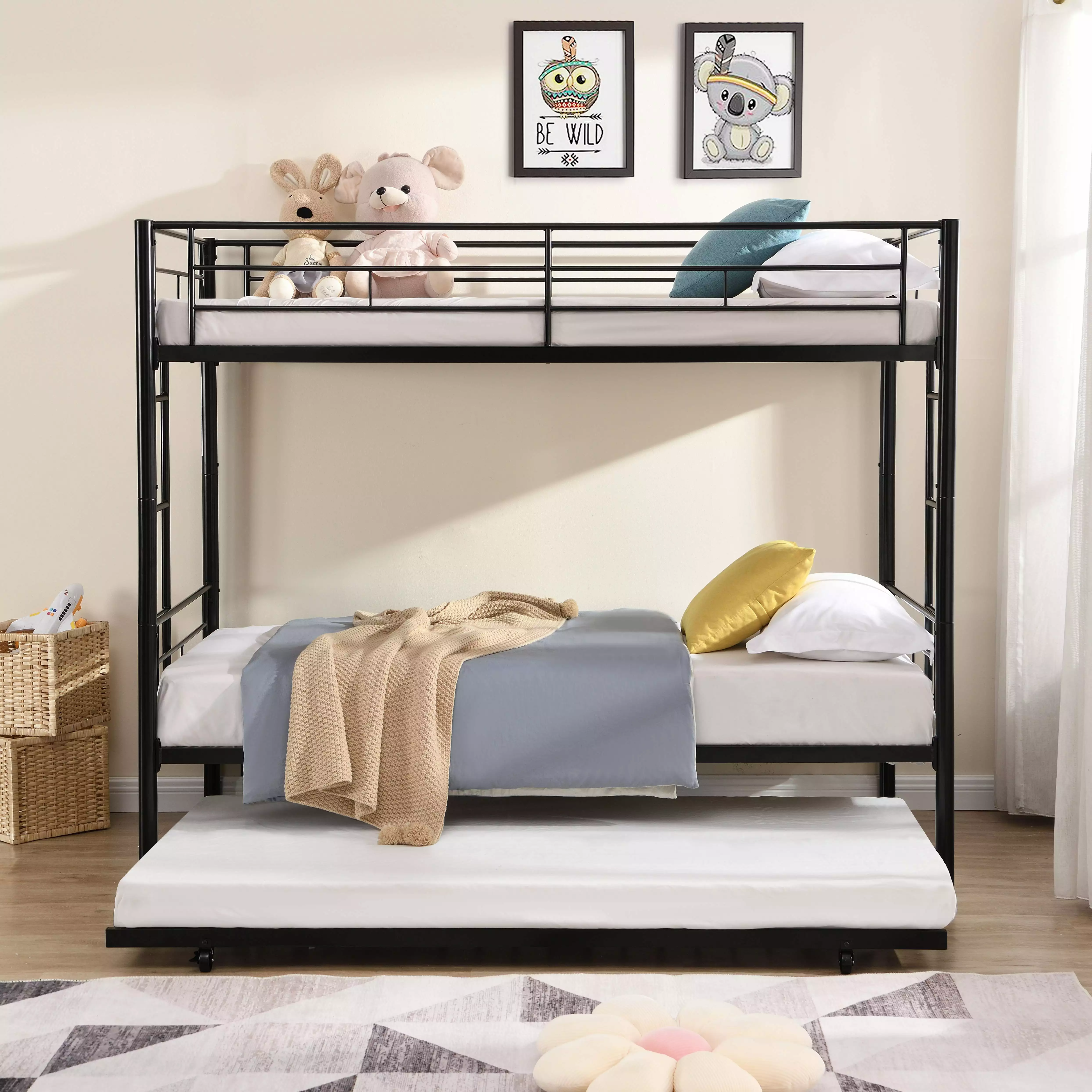 Bunk Beds for Kids. Twin Over Twin Bunk Bed with Trundle. Small Space Metal Bunk Beds for Kids Rooms Guest Rooms. Up to 400LBS with Ladders and Safety Guard Rails. Black