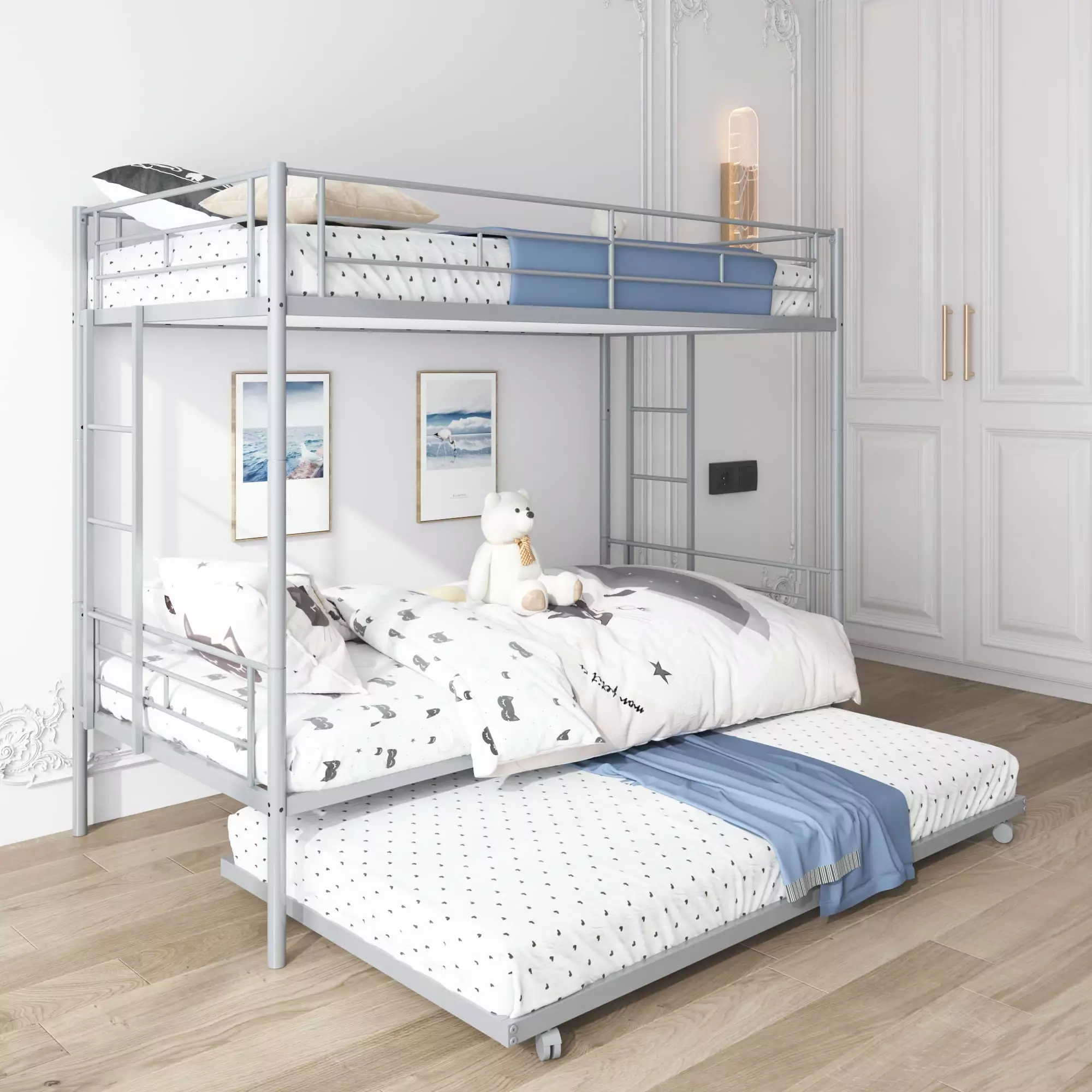 Bunkbed with Roll Out Trundle Bed Frame. Metal Bunk Bed Can Be Divided Into Two Twin Beds. Trundle Twin Bunk Bed with Ladders and Guardrails for Guest Room. Space Saving Bedroom Furniture. Silver. K10