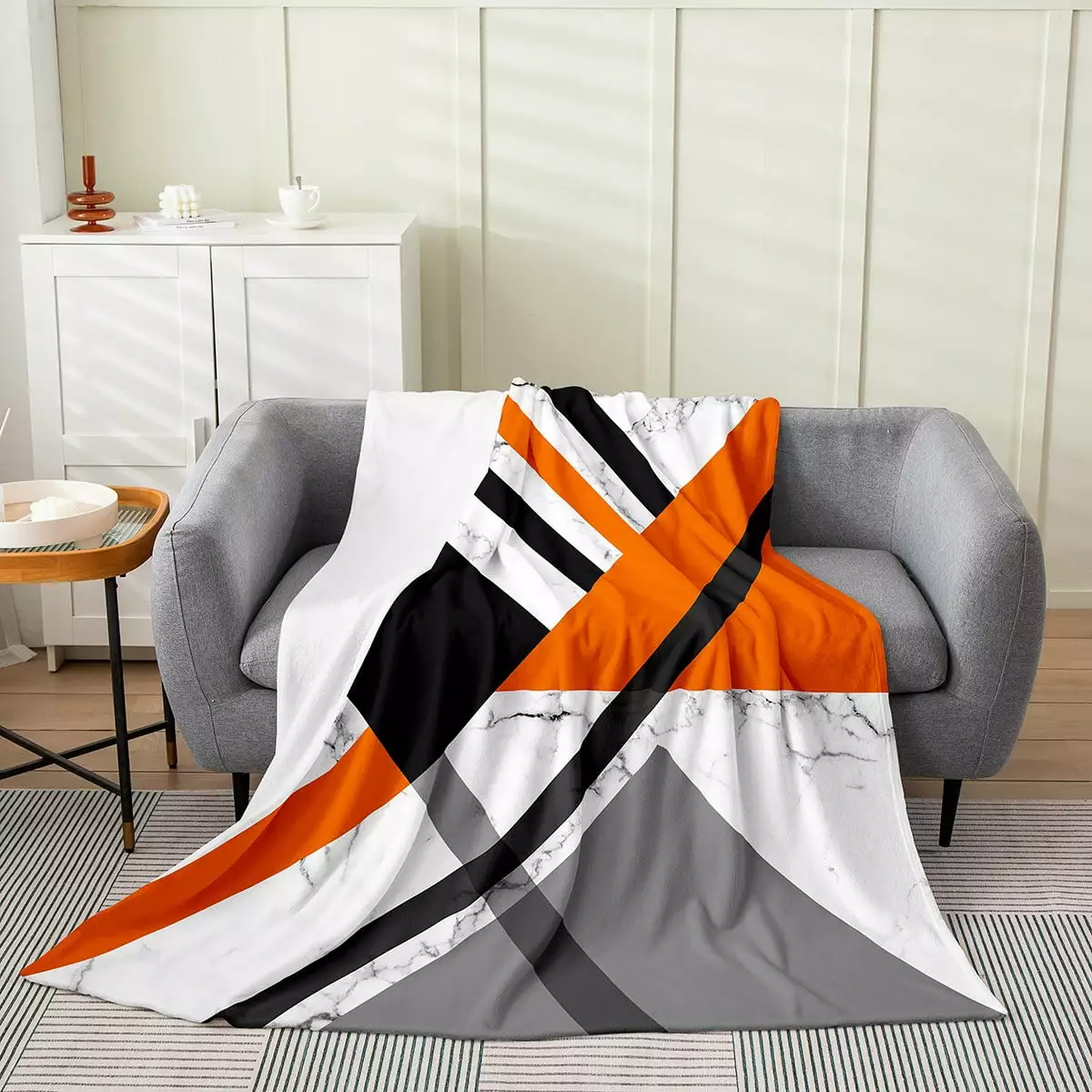 Burnt Orange Grey Geometric Blanket Throw 50x60 Patchwork Gray Geometry Triangle Stripe Throw Blanket Black White Marble Fleece Blanket For Kids Adults.Simple Line Flannel Blanket