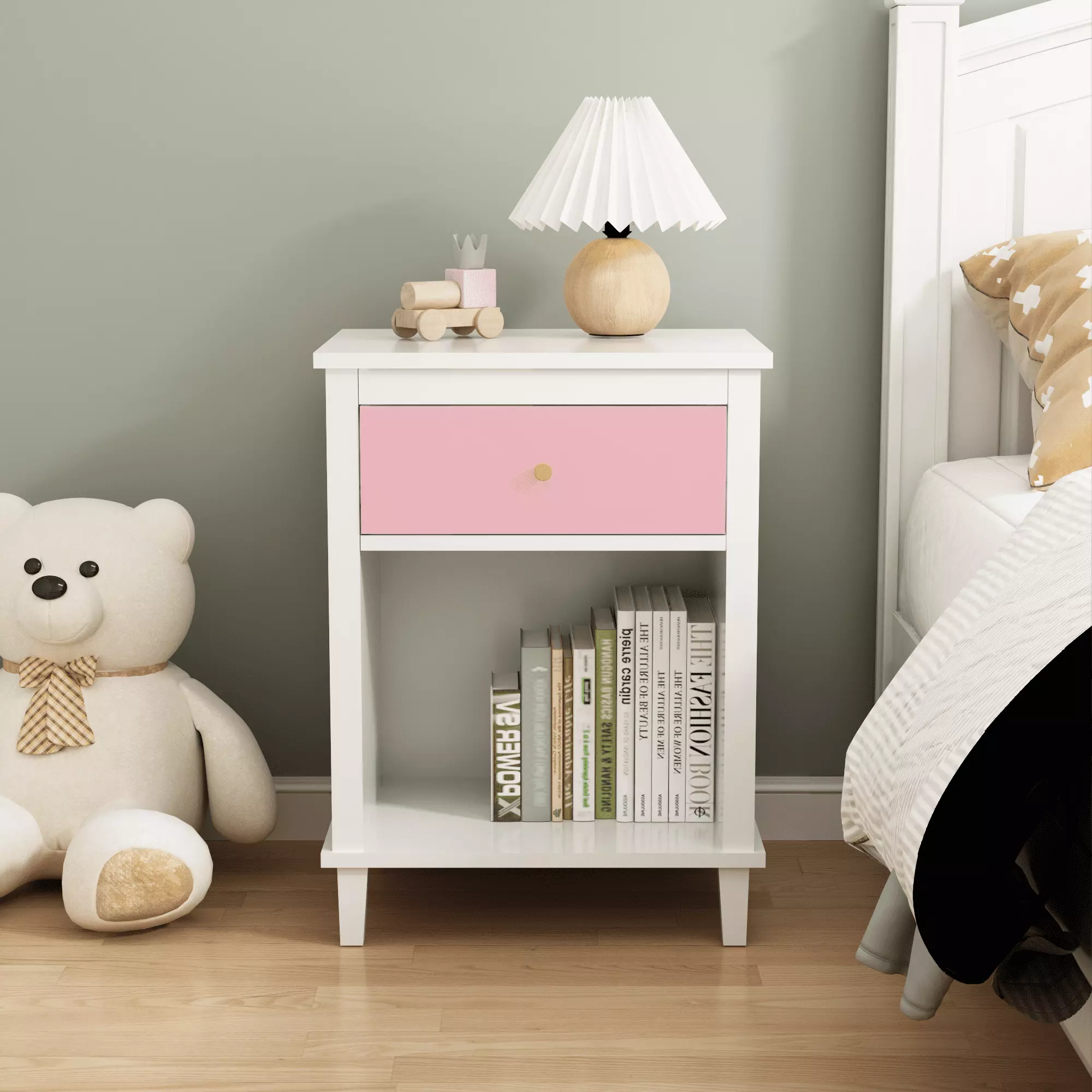 CASEMIOL Night Stand with a Drawer and an Open Cabinet for Kids. Modern Bed Side Table Nightstand for Girls Boys Bedroom. Kids End Table for Living Room. Easy to Clean. MDF + Solid Wood. Pink