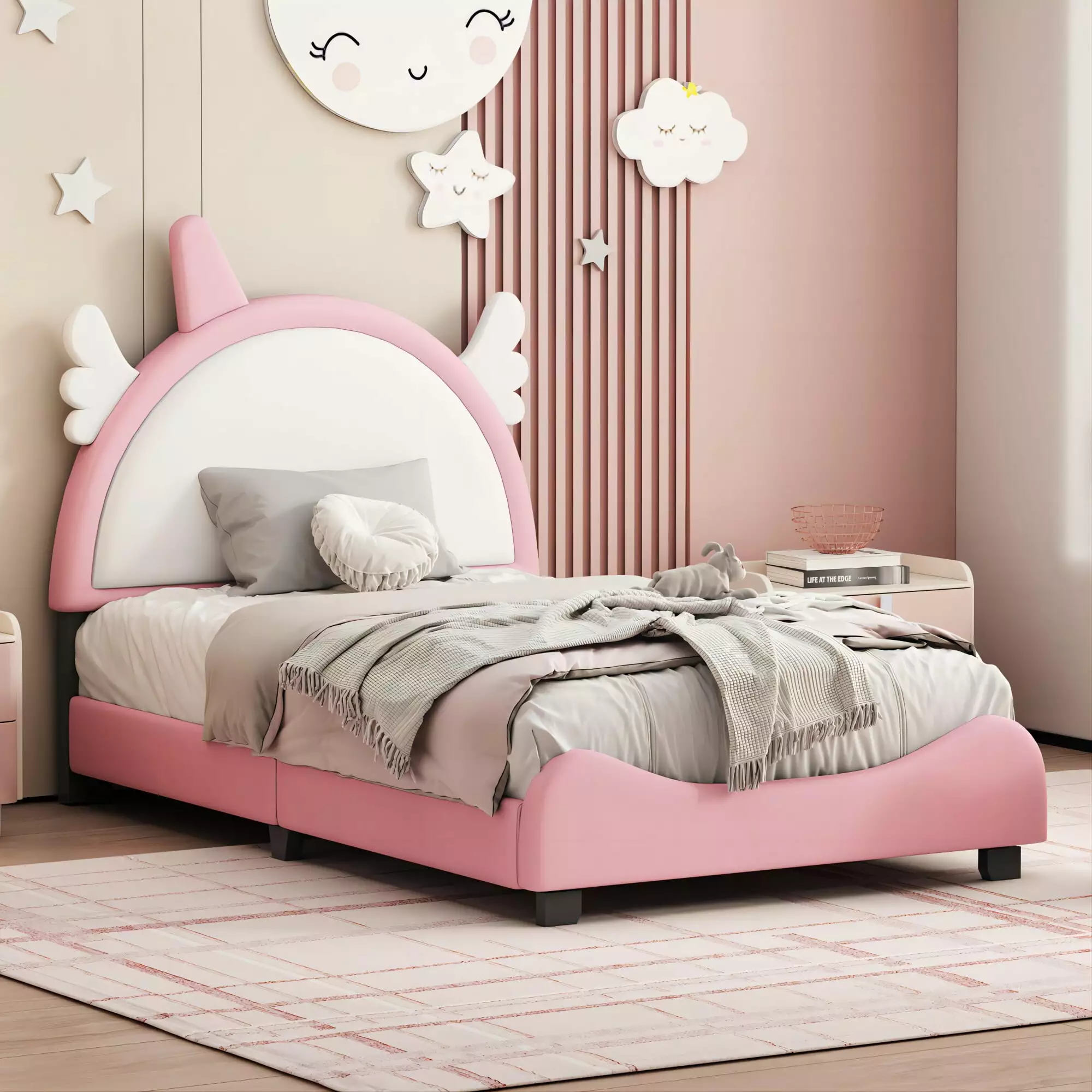 CASEMIOL Twin Bed Frames with Headboard for Kids Girls Boys. Kids Platform Bed Frame with Unicorn Shape. No Noise. No Spring Box Needed. Easy Assembly.Upholstered Leather + Wood. Pink