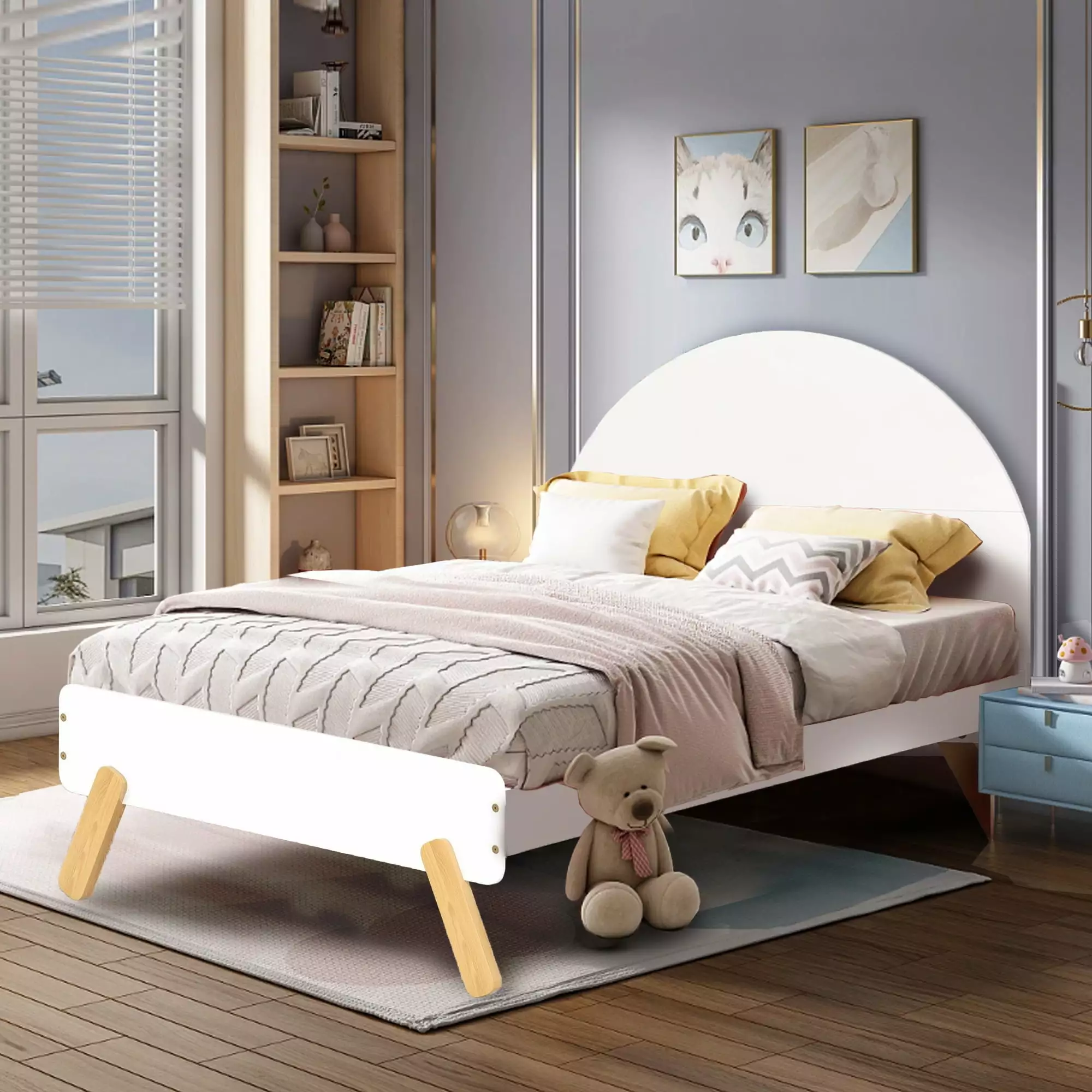 CASEMIOL Twin Bed Frames with Headboard for Kids Girls Boys. Solid Wood Platform Bed Frame with Unique Shape. No Noise. No Spring Box Needed. Easy Assembly. White