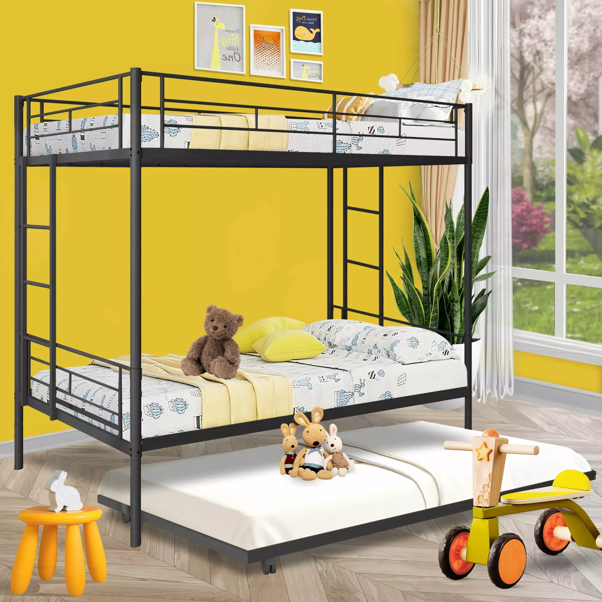 CASEMIOL Twin over Twin Metal Bunk Bed with Trundle. Bunk Bed Frame with 2 Ladders and Full-guardrail. Can Be Divided Into 3 Twin Beds. No Box Spring Need. for Adults Teens Kids. Black