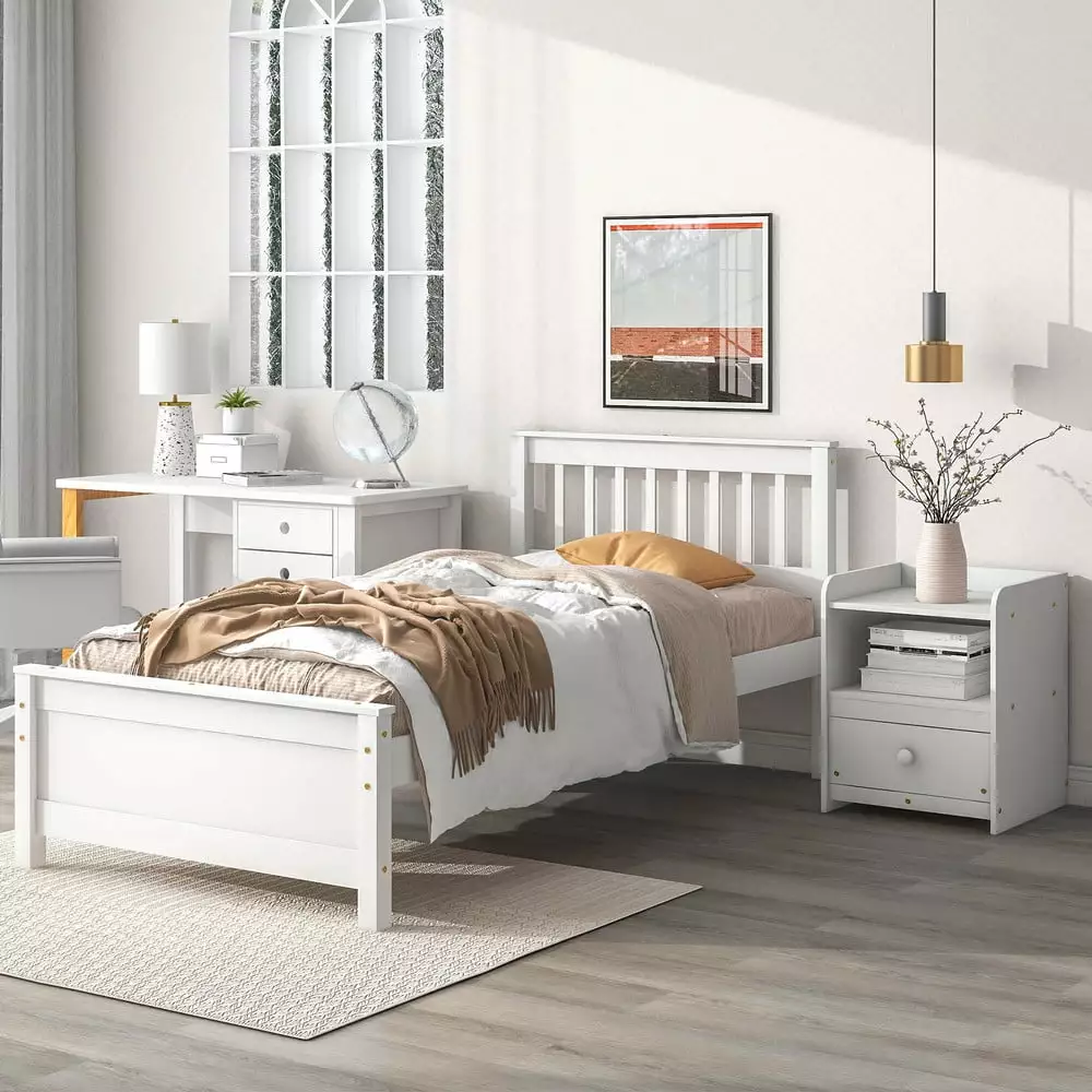 CCBUY 2 Pieces Twin Bedroom Furniture Sets for Kids Teens Adults. Twin Size Platform Bed with a Nightstand. Solid Wood Platform Bed Frame with Headboard and Footboard. Mattress Not Included. White