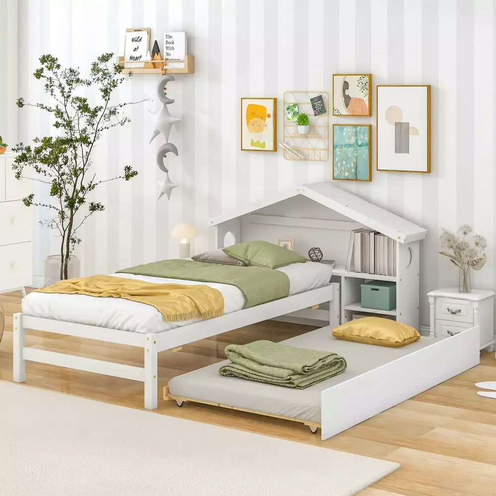 CCBUY White Twin Bed Frame with Trundle and Bedside Table. Kids Platform Twin Size Bed with Pull Out Trundle. Solid Wood Trundle Bed with Bookcase Headboard. No Box Spring Needed