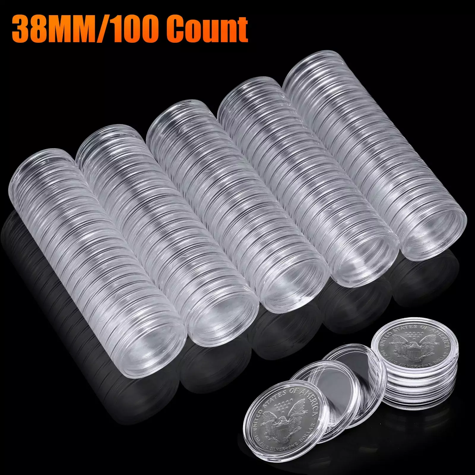 CELECTIGO 38mm Coin Holder Capsules. Clear Round Plastic Coin Container Case. Plastic Storage Organizer Box for Coin Collection Supplies 100pcs