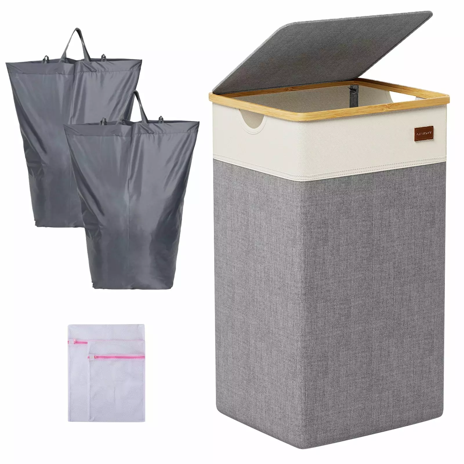 CHERISHGARD 100L laundry hamper with lid. Tall Laundry Basket with Bamboo Handles. Freestanding Collapsible Clothes Hamper with Inner Bag