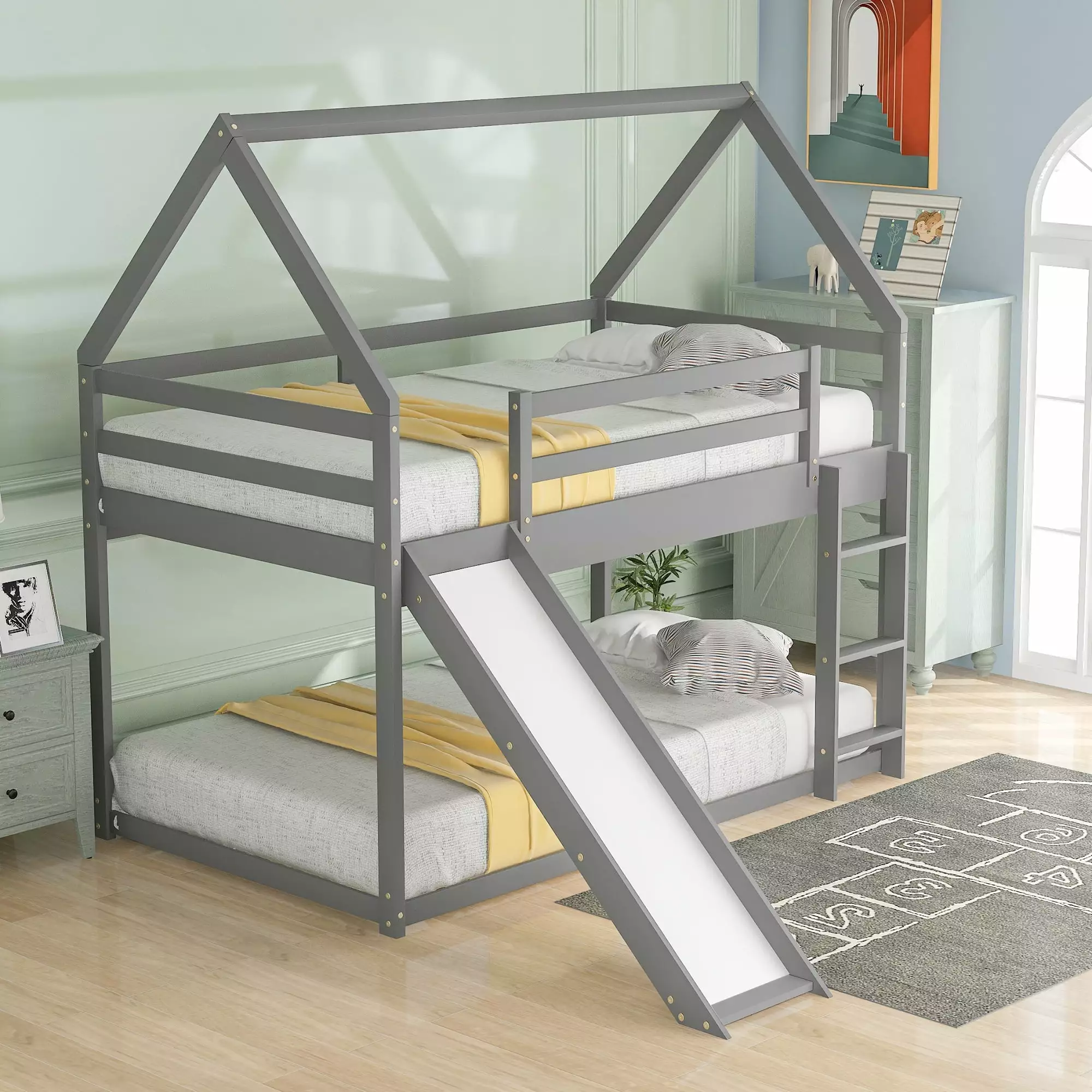 CHURANTY Twin Over Twin Floor Bunk Bed. Twin Size House Bunk Bed with Slide. Ladder. Guardrail and Roofs for Girls. Boys (Grey)