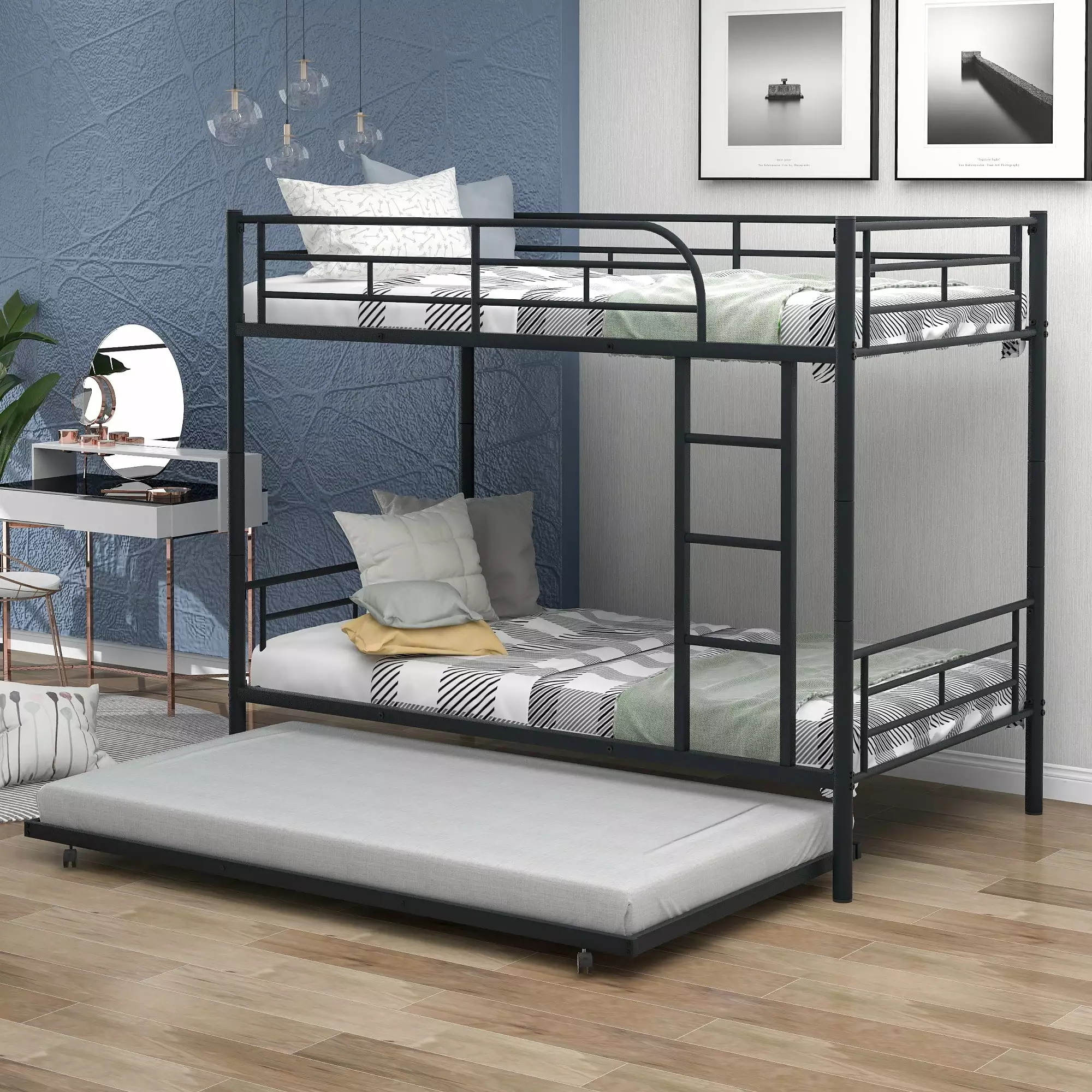 CITYLE Bunk Beds Twin over Twin Bunk Bed with Trundle. Convertible into Two Beds. Metal Triple Bunk Bed for Kids Teens Adults with Full Length Guradrail and Built-in Ladder. Noise Free. Black