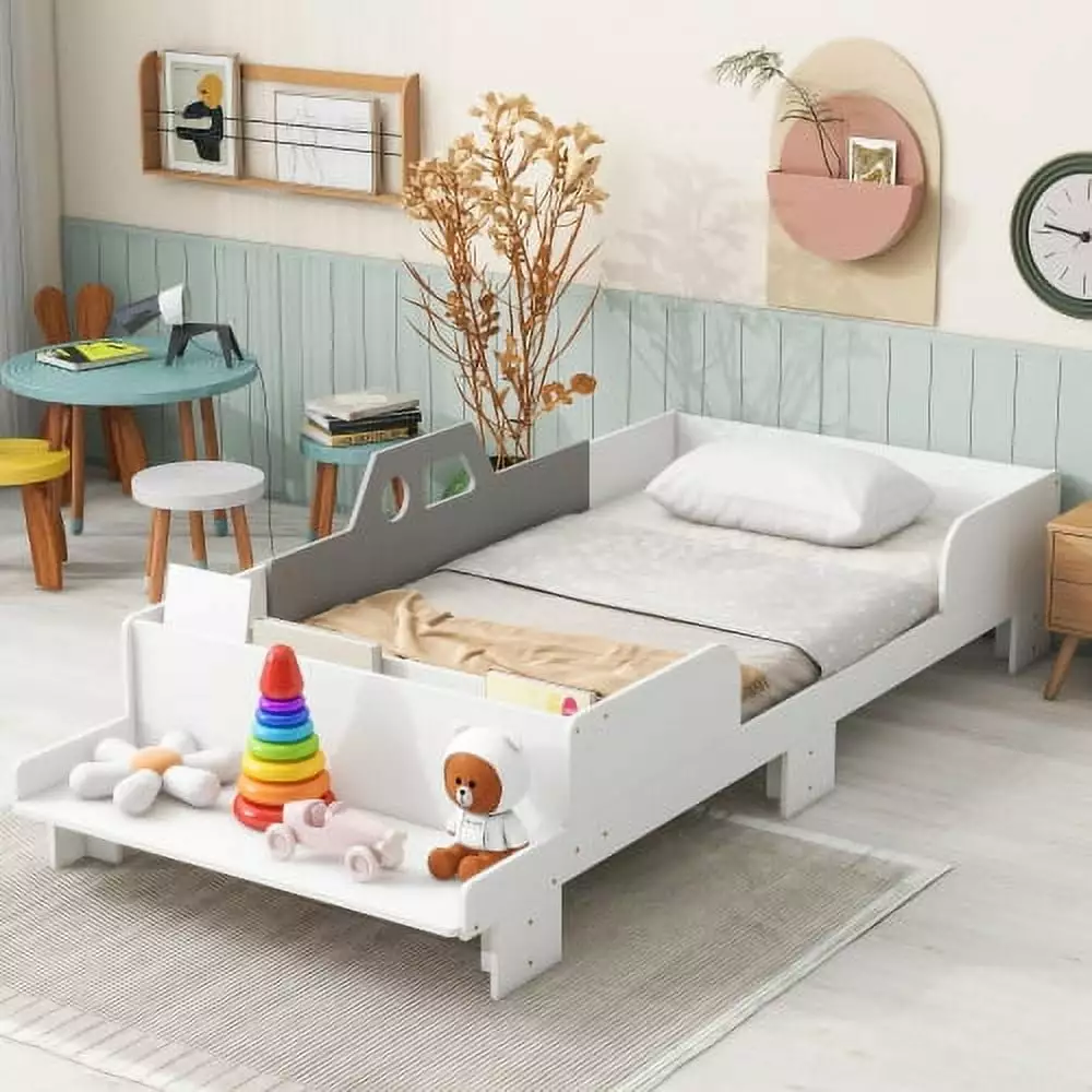 CITYLE Car-Shaped Twin Bed with Bench. Cartoon-Style Design. White