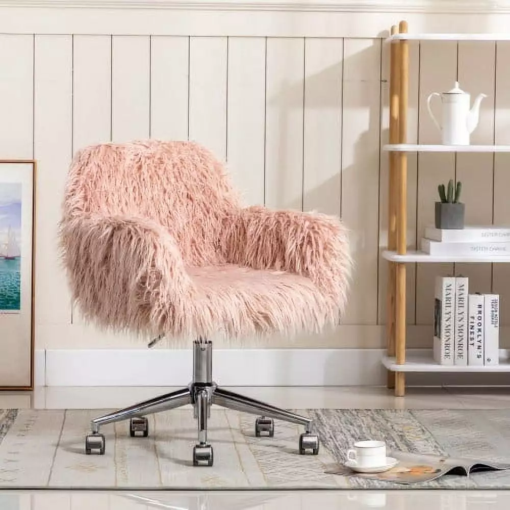 CITYLE Fluffy Office Desk Chair. Faux Fur Modern Desk Chair with Wheels Upholstered Seat. Vanity Accent Height Adjustable Swivel Furniture for Home Living Dressing Room/Makeup/Teen Girls Bedroom. Pink