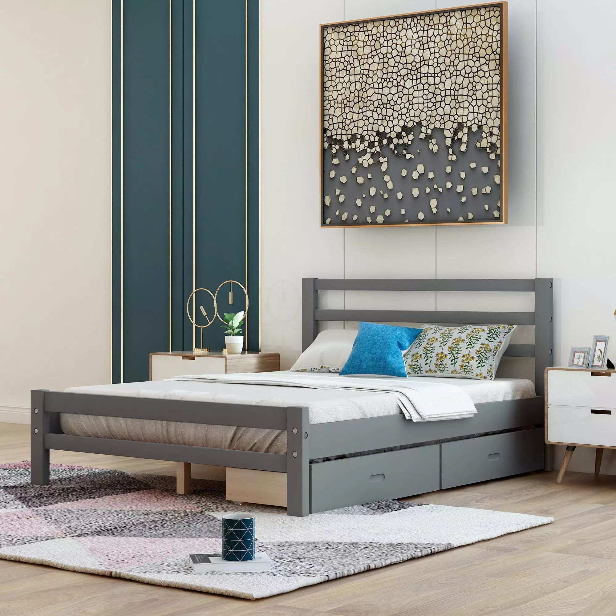 CITYLE Full Bed Frame with Drawers. Solid Wood Platform Bed with Headboard/Footboard and 2 Drawers. Full Storage Bed Frame for Kids Teens Single Adult. No Box Spring Needed. Gray