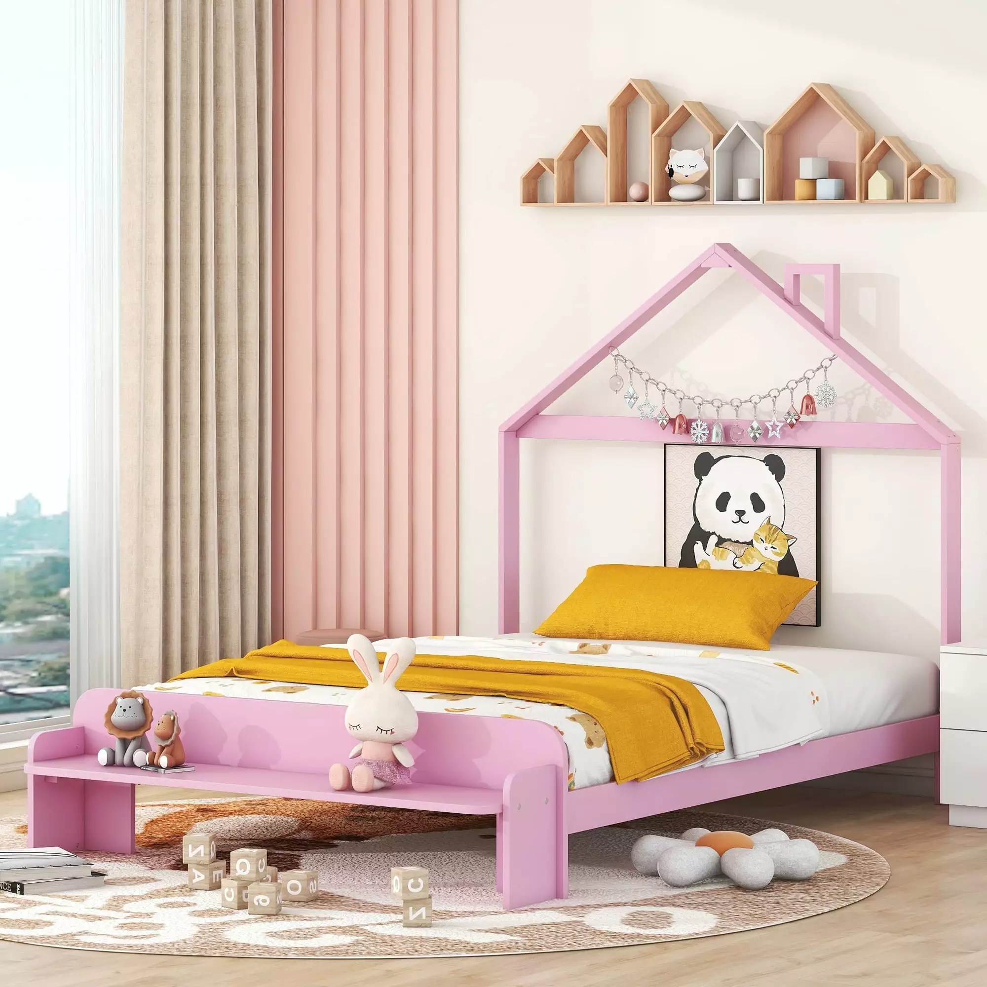 CITYLE Full Bed Frame for Kids. Wood Platform Bed with House Shape Headboard and Footboard Bench. Low Full Size Bed for Girls Boys. No Box Spring Needed. Pink