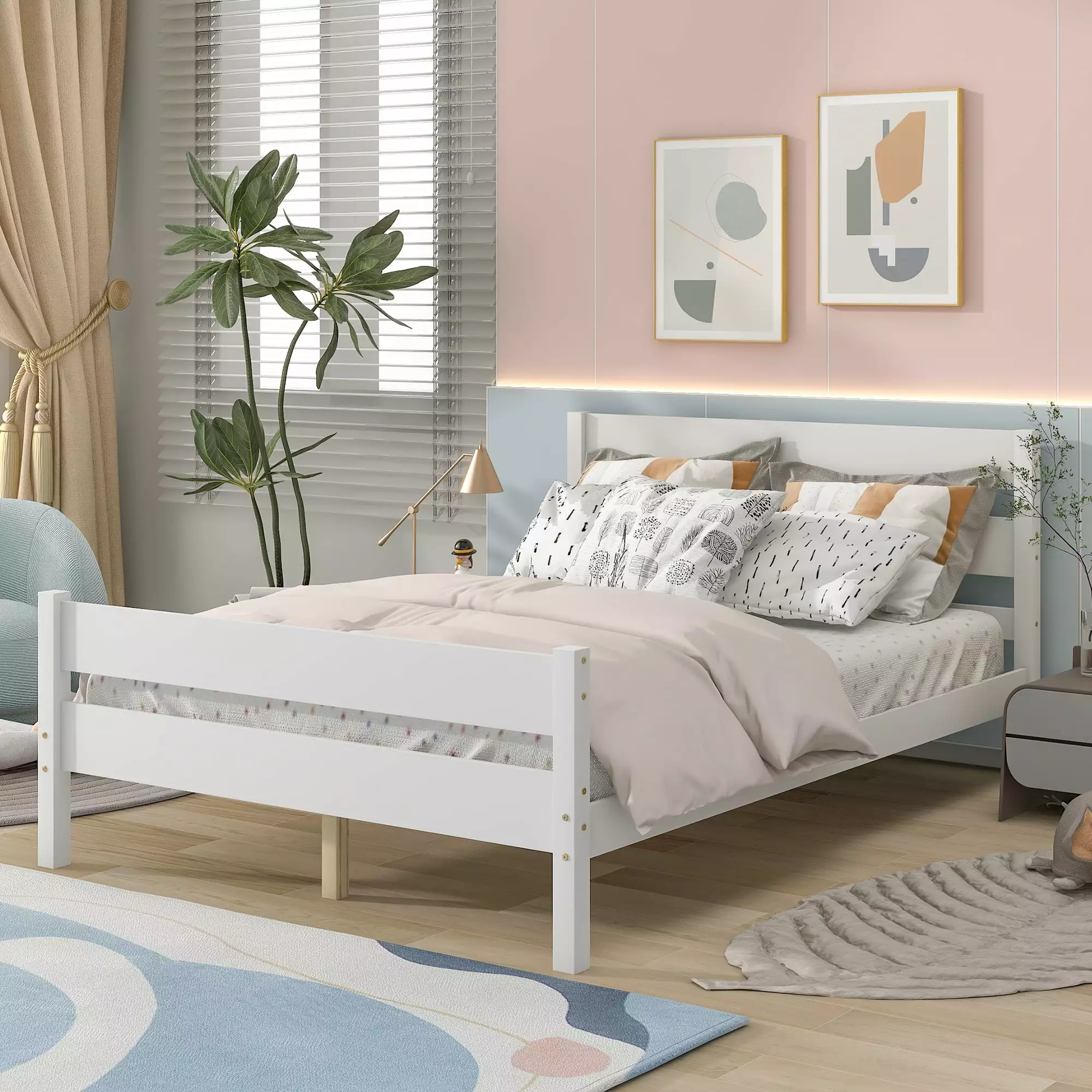 CITYLE Full Platform Bed with Wood Headboard and Footboard. Wood Full Bed Frame for Kids. Teens. Adults. Boys and Girls. No Box Spring Needed. White