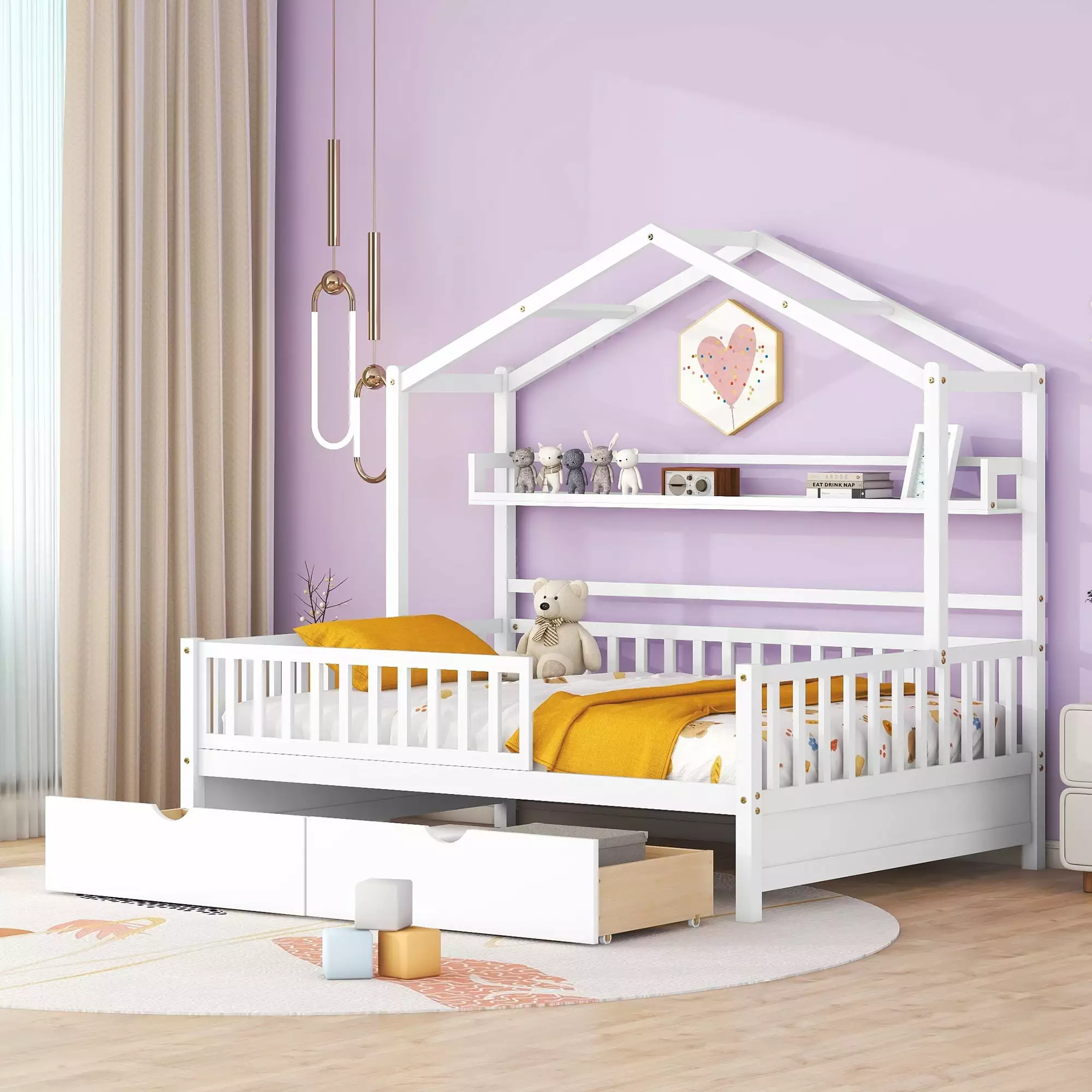 CITYLE Full Size House Bed.Wooden Full Bed with 2 Drawers and Storage Shelf. Roof Design Bedroom Bedframe for Kids Boys Girls.White