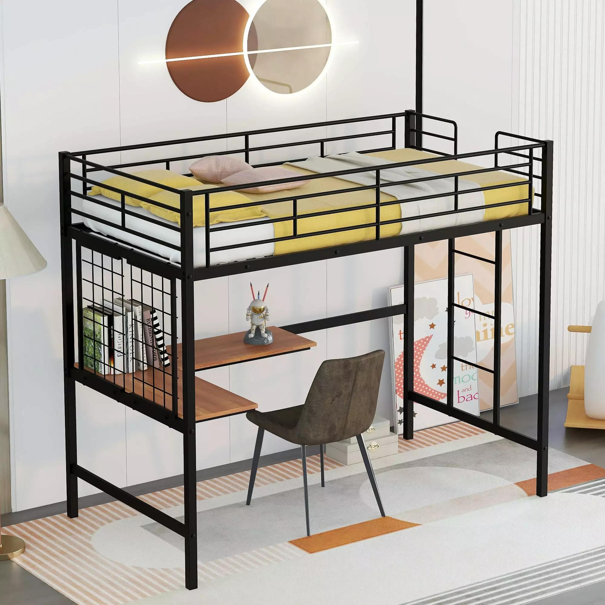 CITYLE Twin Metal Loft Bed with Desk. Kids Twin Size Loft Bed Frame with Desk and Storage Shelves. Loft Bed for Kids Teens Adults. Metal Slat Support. No Box Spring Needed. Black