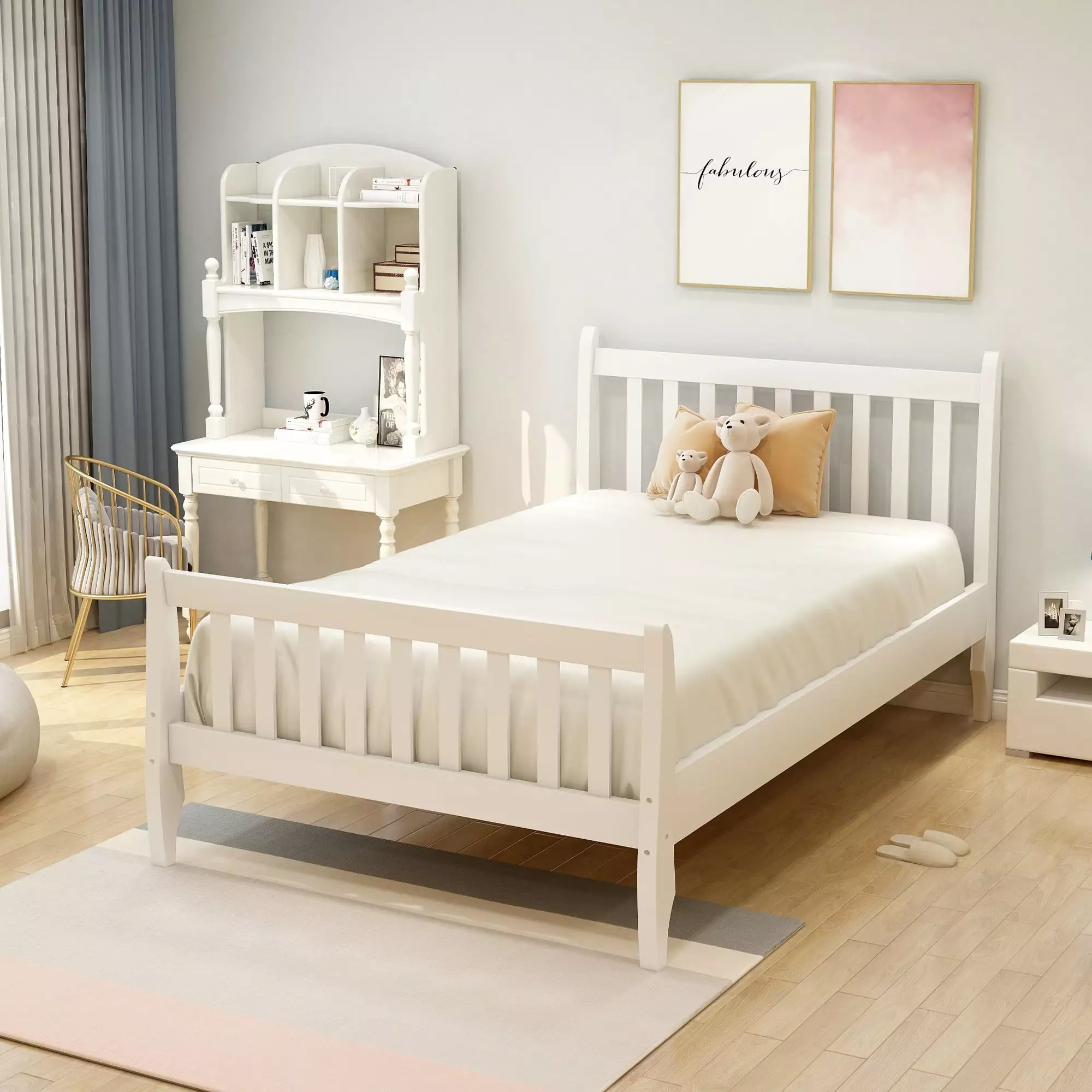 CITYLE Twin Size Platform Bed Wood. Twin Platform Bed Frame with Headboard and Footboard. Wood Slat Support. Twin Bed for Kids Teens. Boys and Girls. Easy Assembly. White