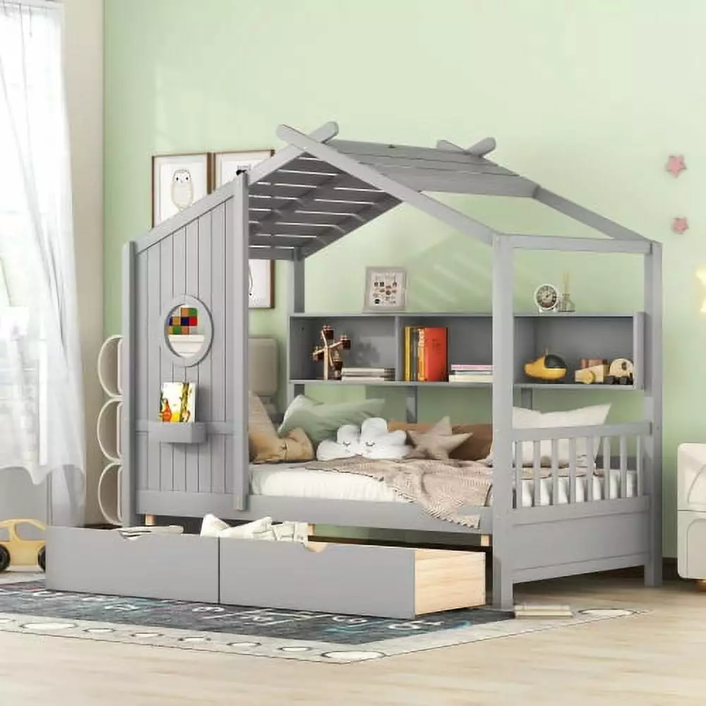 CITYLE Wooden Twin Size House Bed with 2 Drawers and Storage Shelf. Twin Platform Bed Frame with Pitched Roof. Playhouse Bed for Kids Boys Girls Teens. Gray