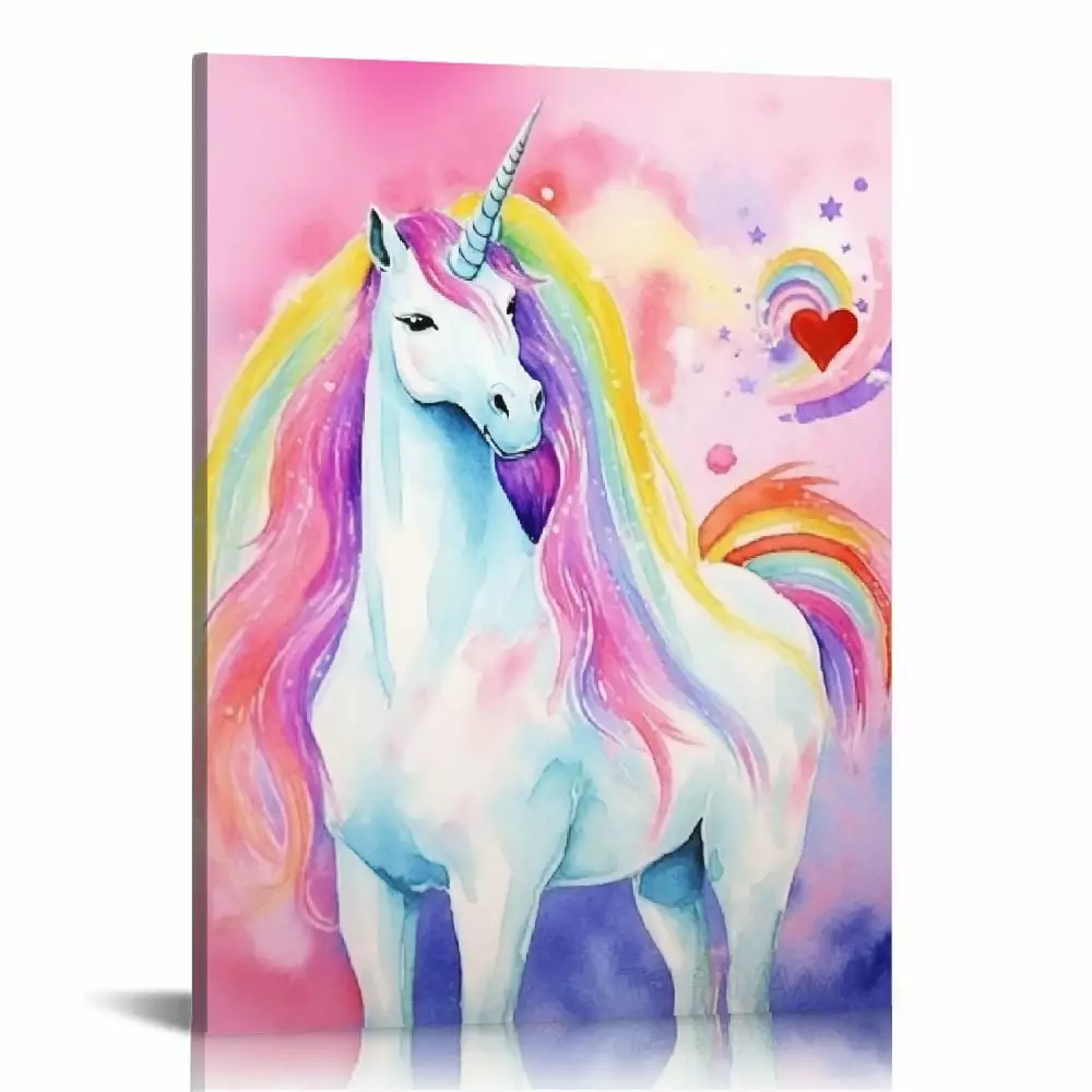 COMIO Rainbow Unicorn Wall Art for Girls Room Canvas Painting Stretched and Framed Set of for Nursery Children Kids Bedroom Decor