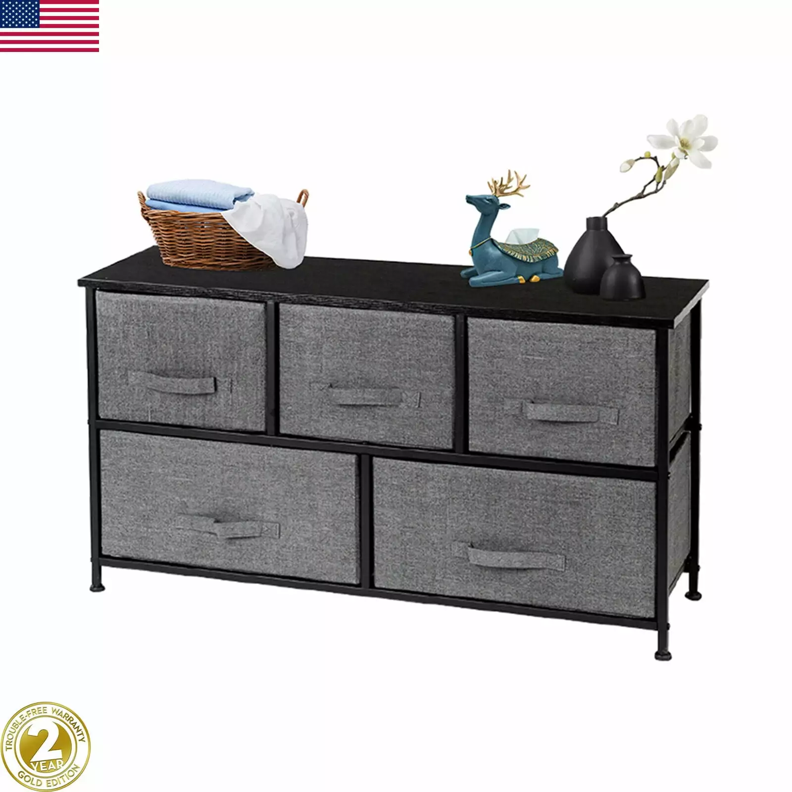 CSHPO Dresser for Bedroom with 5 Drawers. Wide Chest of Drawers. Fabric Dresser. Storage Organizer Unit with Fabric Bins for Closet. Living Room. Hallway. Nursery. Dark Grey