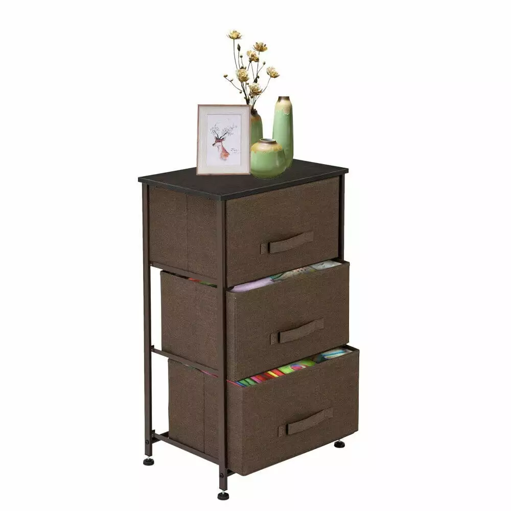 CSHPO Nightstand with 3 Drawers. Fabric Dresser. Organizer Unit. Storage Dresser for Bedroom. Hallway. Entryway. Closets. Sturdy Steel Frame. Wood Top. Easy Pull Handle