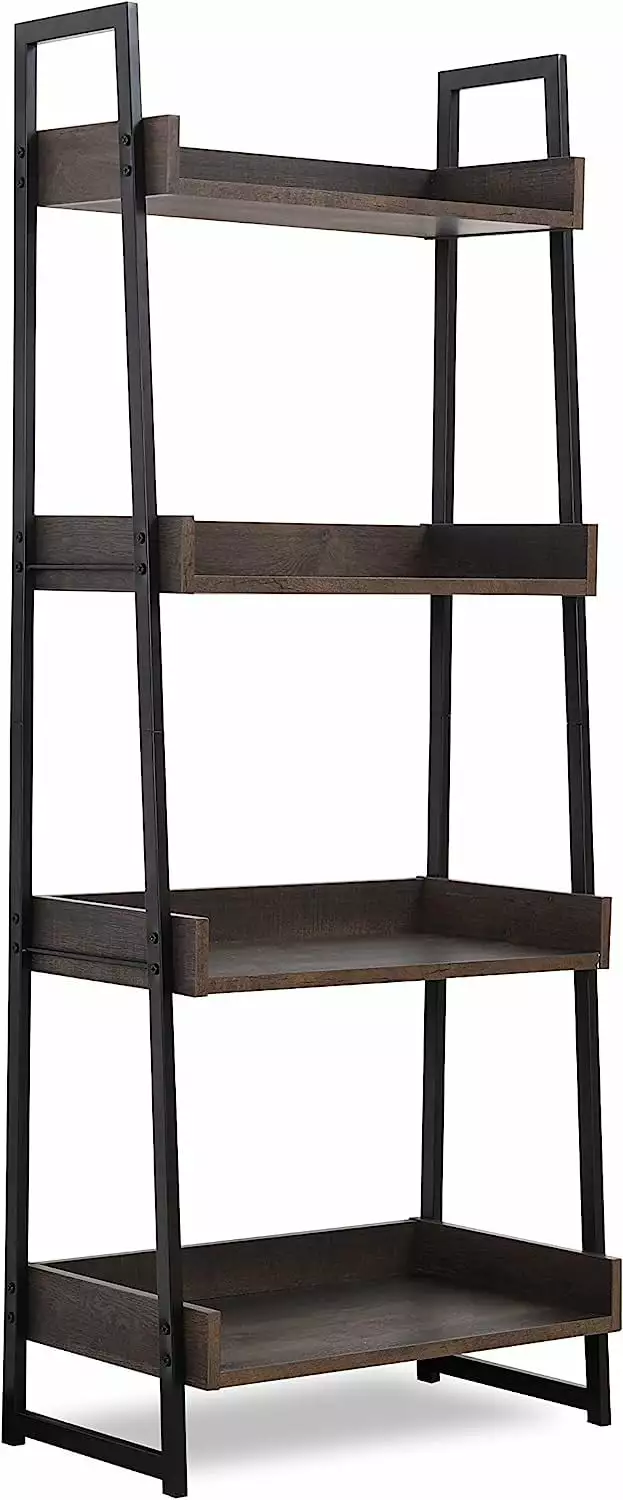 Caffoz 4 Tier Standing Ladder Bookshelf Bookcase Smoke Oak Wooden Shelf Storage Black Steel Frame