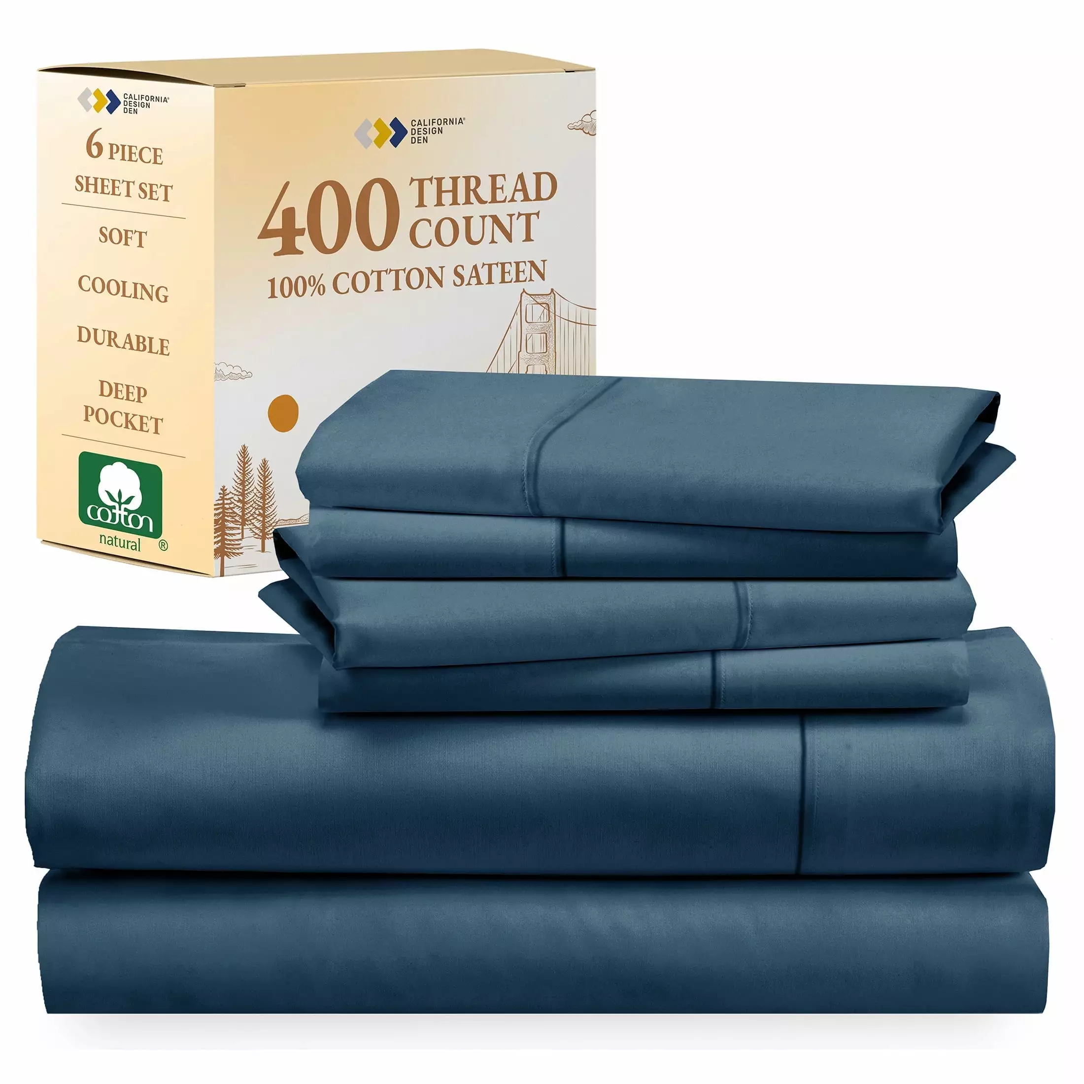 California Design Den Queen Sheets Set - 400 Thread Count 100% Cotton Sateen - Deep Pocket - Cooling - Breathable 6 Piece Adult/Teen Bed Sheet Set. Peacock Blue