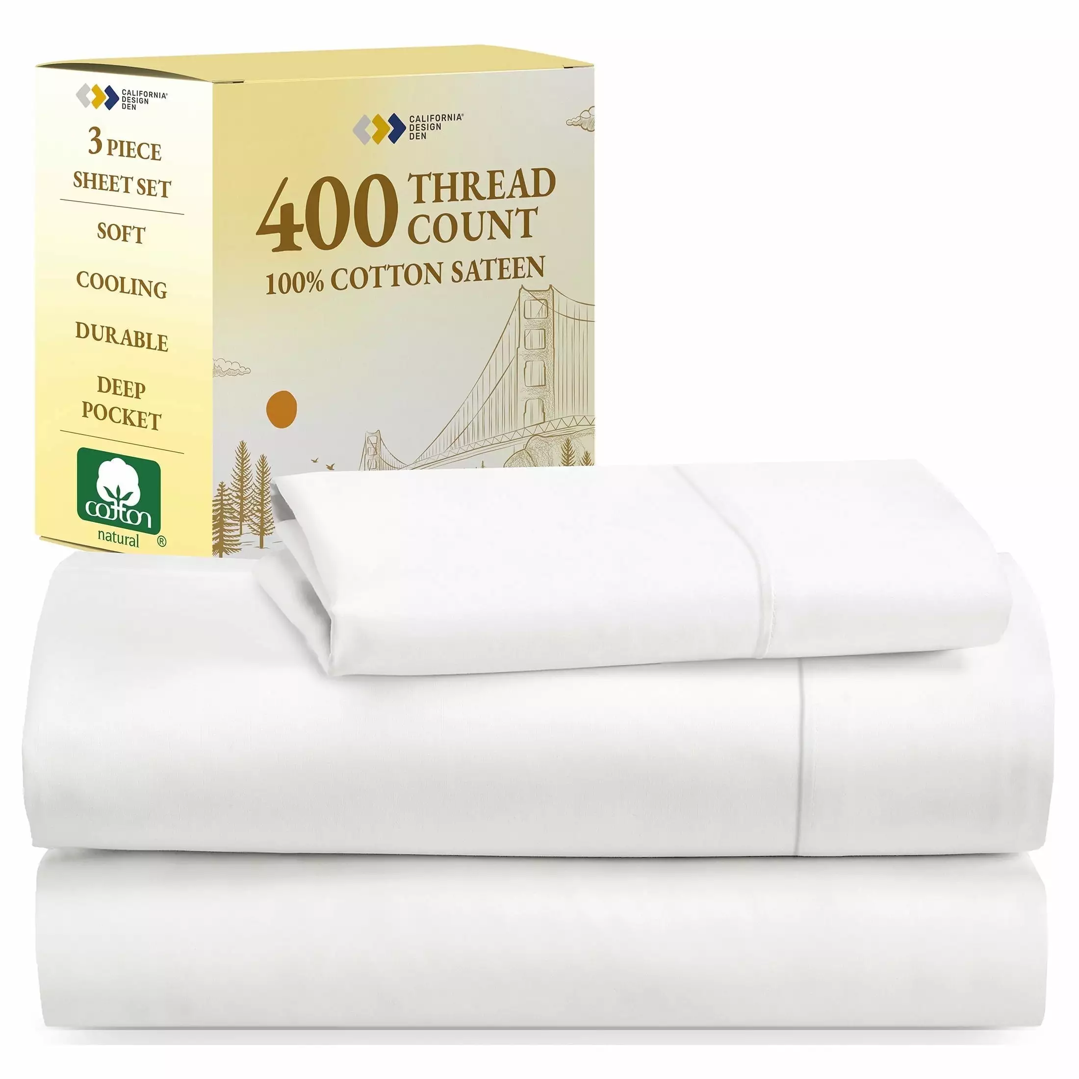 California Design Den Twin Sheet Sets - 400 Thread Count 100% Cotton Sateen - 3 Piece Set. Creamy White