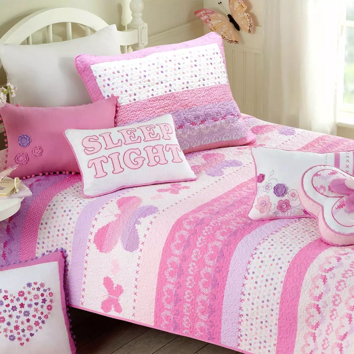 Cami Butterfly Cotton Quilt Set With Decorative Pillows Twin 5 Piece