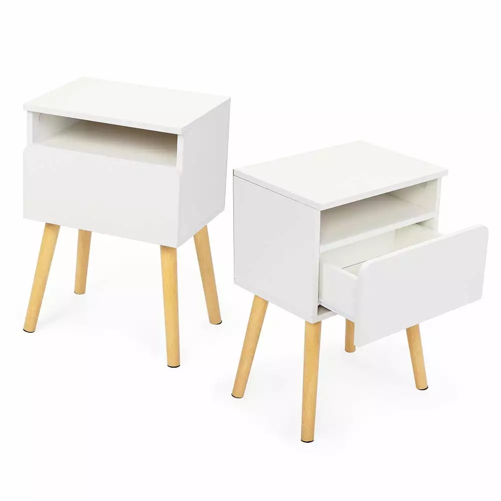 Canddidliike Industrial End Side Tables for Living Room Set of 2. White Nightstand for Bedroom with Drawers. Wood Open Storage Bedside Furniture