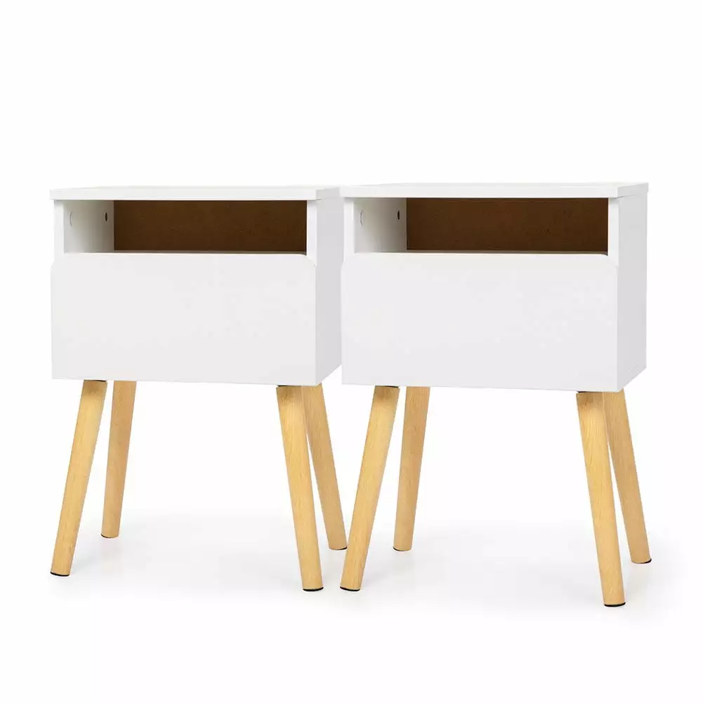 Canddidliike Set of 2 Mid-century Modern Bedside Table for Bedroom with Open Storage. White Small Nightstand End Table with Drawers and Solid Wood Legs for Living Room Sofa Couch