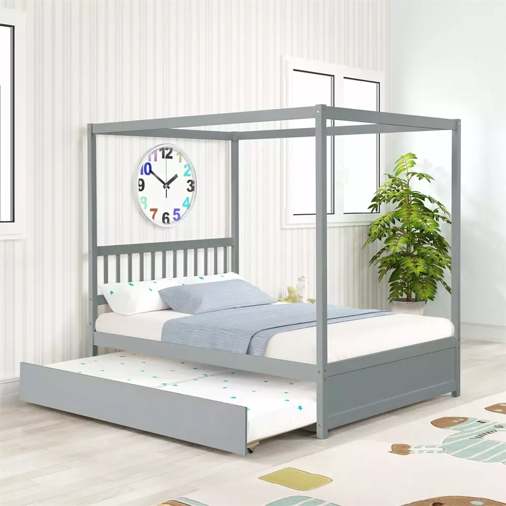 Canopy Bed with Twin Size Trundle. Full Size Platform Bed Frame with Hollow Headboard Wood Bed Frame with 4 Canopy Columns and 8 Support Slats for Kids Teens Adults No Box Spring Needed. Gray