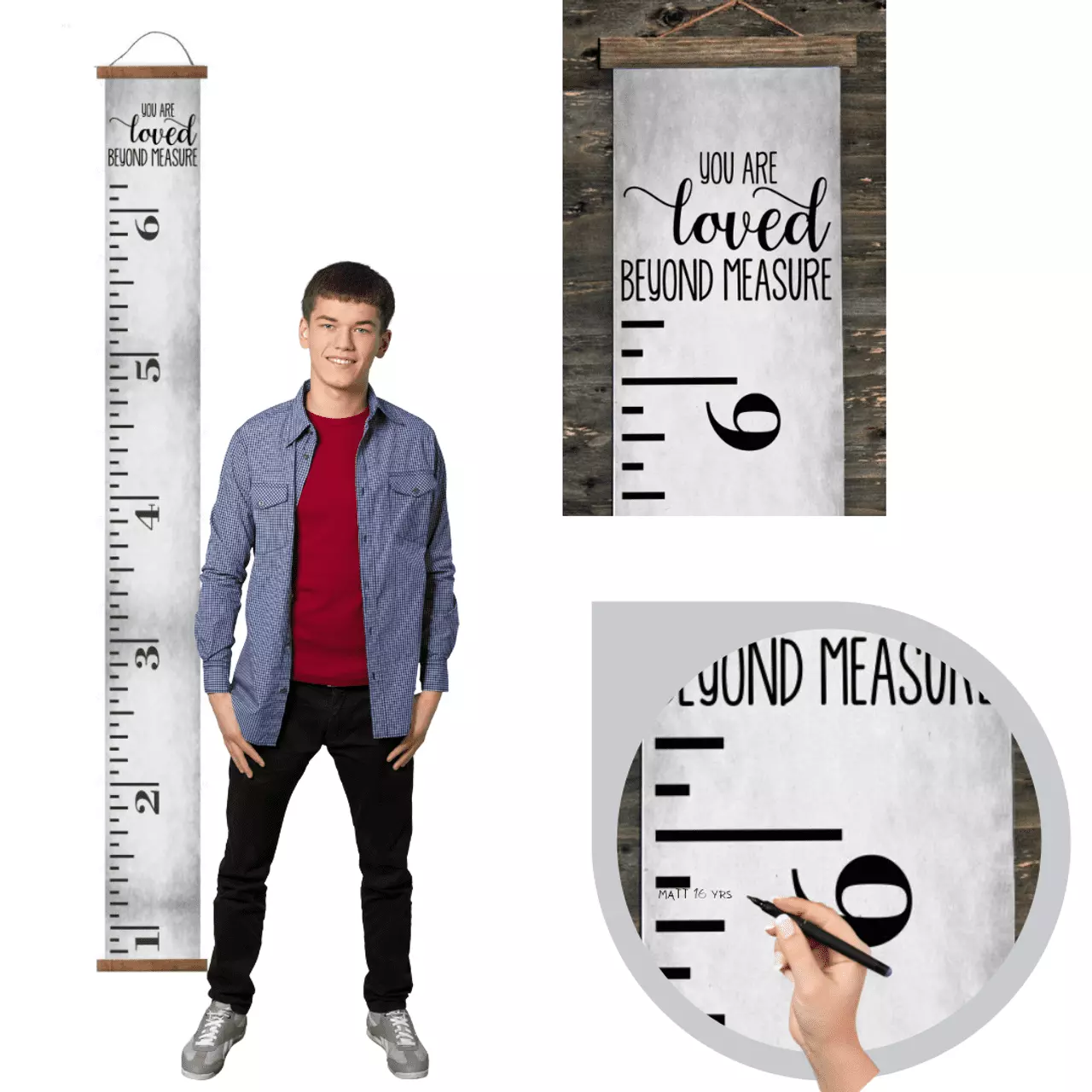 Canvas Growth Chart for Kids Gray You Are Loved Wall Ruler Growth Chart Wood Frame Fabric Sign Removable Height Measure Chart for Boys Girls Growth Ruler. Walnut Wood