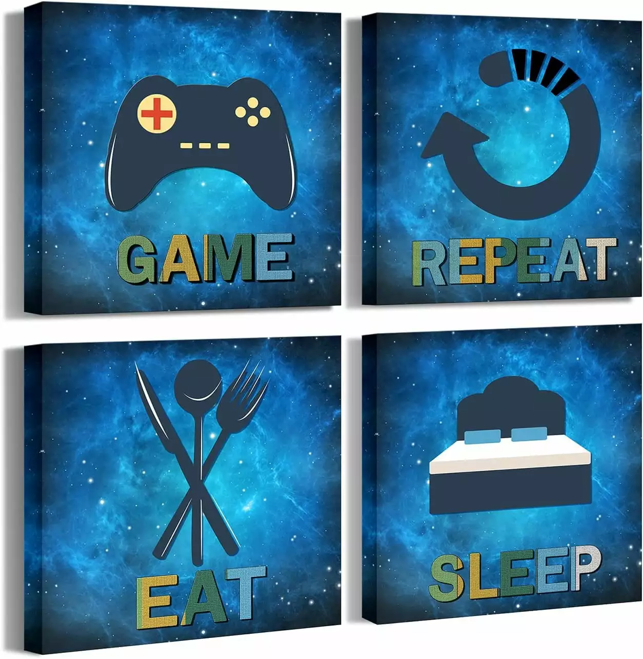 Canvas Prints Eat Sleep Game Repeat Posters Gaming Gamer Wall Decor Teen Boy Room Decor Framed Artwork Ready to Hang 12x12x4 Panels