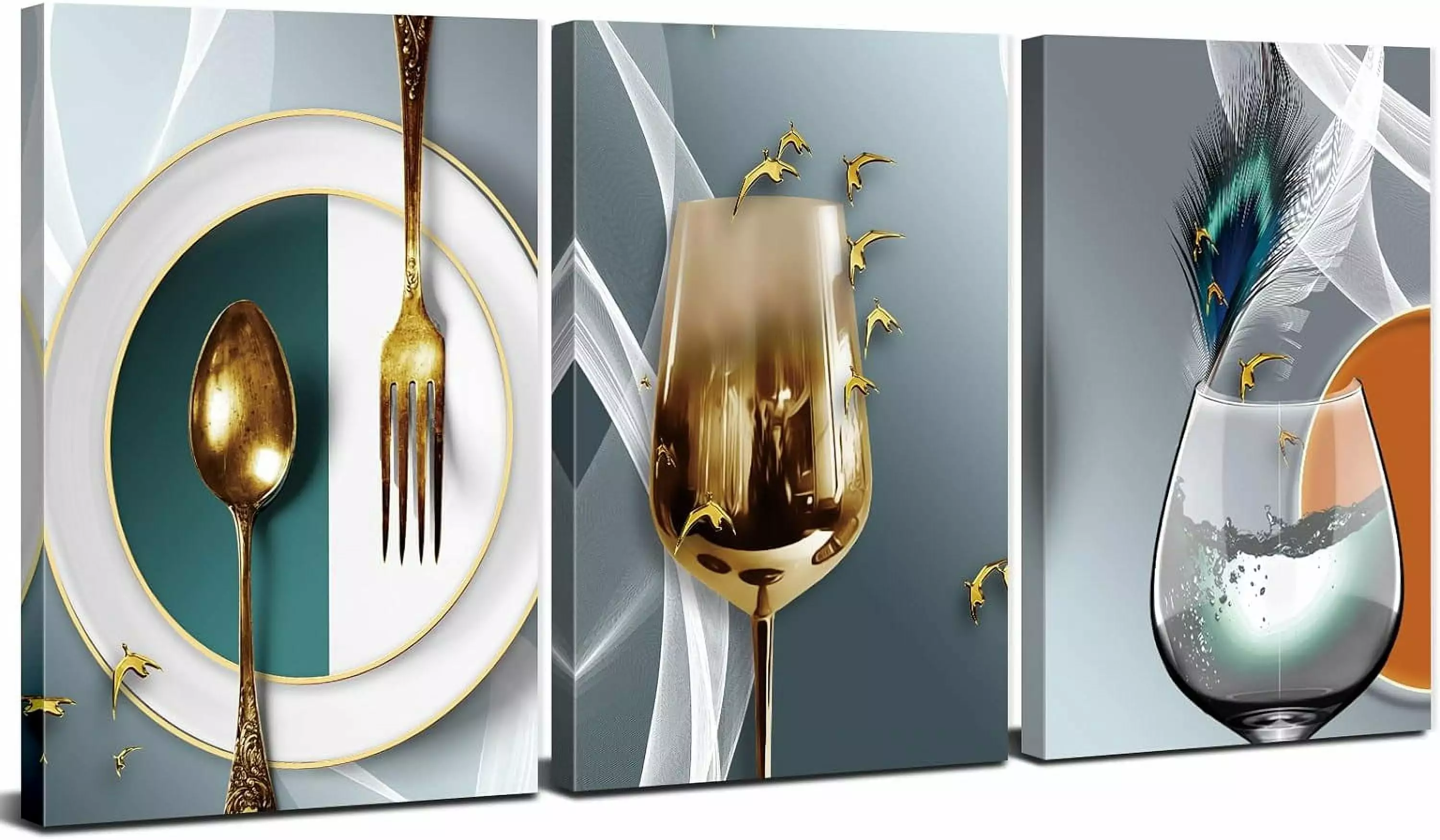 Canvas Wall Art for Dining Room Teal Gold Wine Glass Pictures Kitchen Wall Decorations Abstract Geometric Kitchenware Cups Posters Paintings Modern Home Decor Family Bar Artwork Framed 12x16 3 Pcs