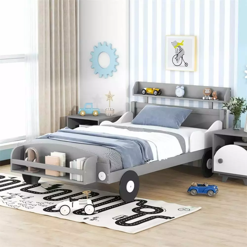 Car-Shaped Bed for Kids. Twin Bed Frame with Storage Shelf for Bedroom Playroom. Wooden Platform Bed for Boys Girls. Easy Assembly. No Box Spring Required. Gray