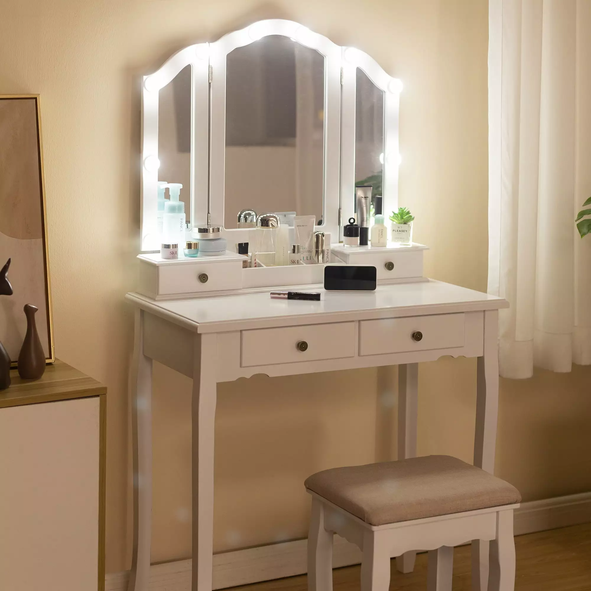 Caroeas Vanity . Tri-Fold Makeup Vanity with Mirror. Lights and Padded Vanity Stool. Bedroom Solid Wooden Vanity Set. 5 Drawers. 2 Brush Slots and 2 Open Compartments. White Finish