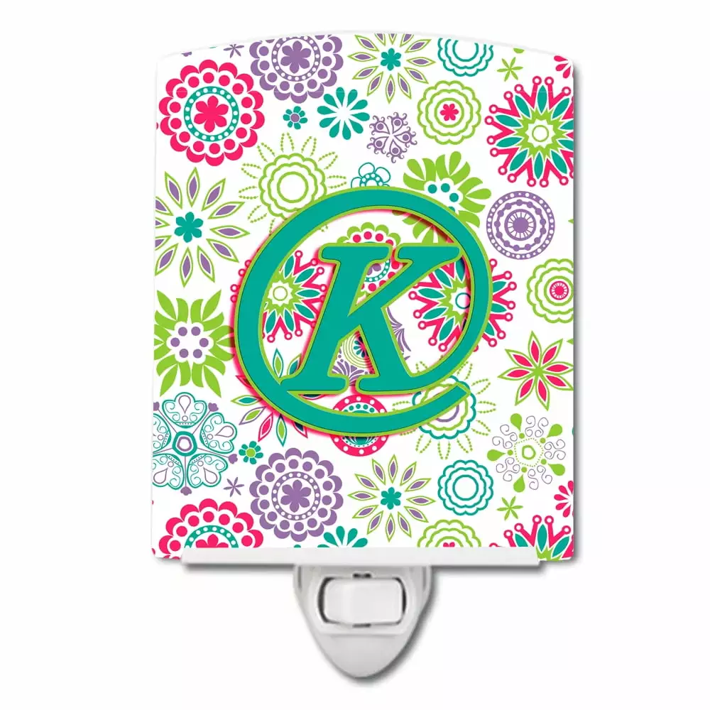 Caroline's Treasures CJ2011-KCNL Letter K Flowers Pink Teal Green Initial Ceramic Night Light. 6x4x3. multicolor