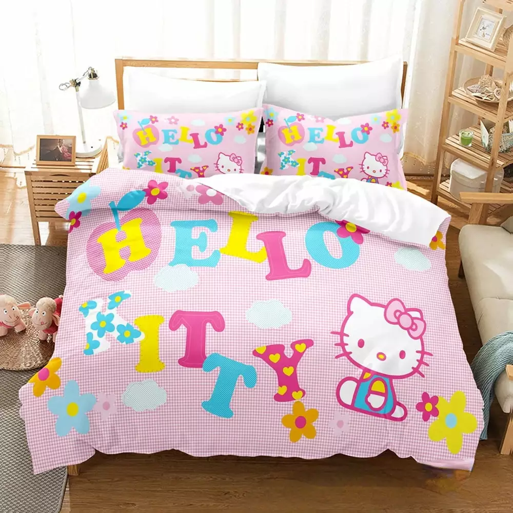 Cartoon Anime Sanrio Bedding Set Kawaii Hello Kitty Quilt Cover Duvet Cover Pillowcase Kids Girls Bed Set Twin Queen King Size