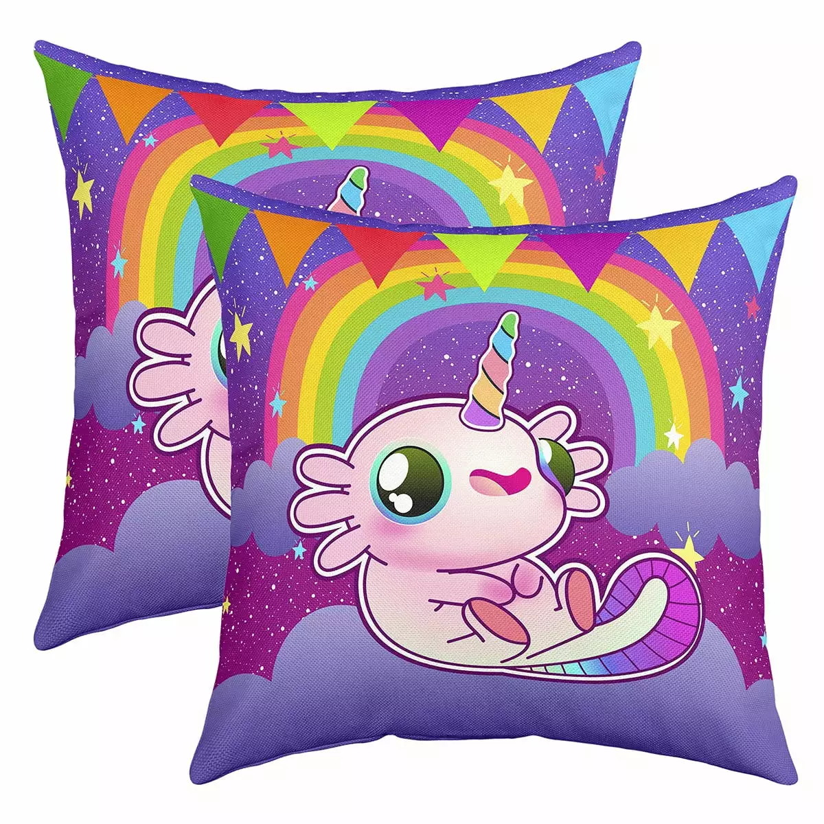 Cartoon Axolotl Square Pillow Cases 18x18 inch set of 2 Throw Pillow Covers Cute Rainbow Unicorn Print Cushion Covers Purple Kids Cartoon Kawaii Galaxy Stars Cushion Cases Wildlife Reptile Animal